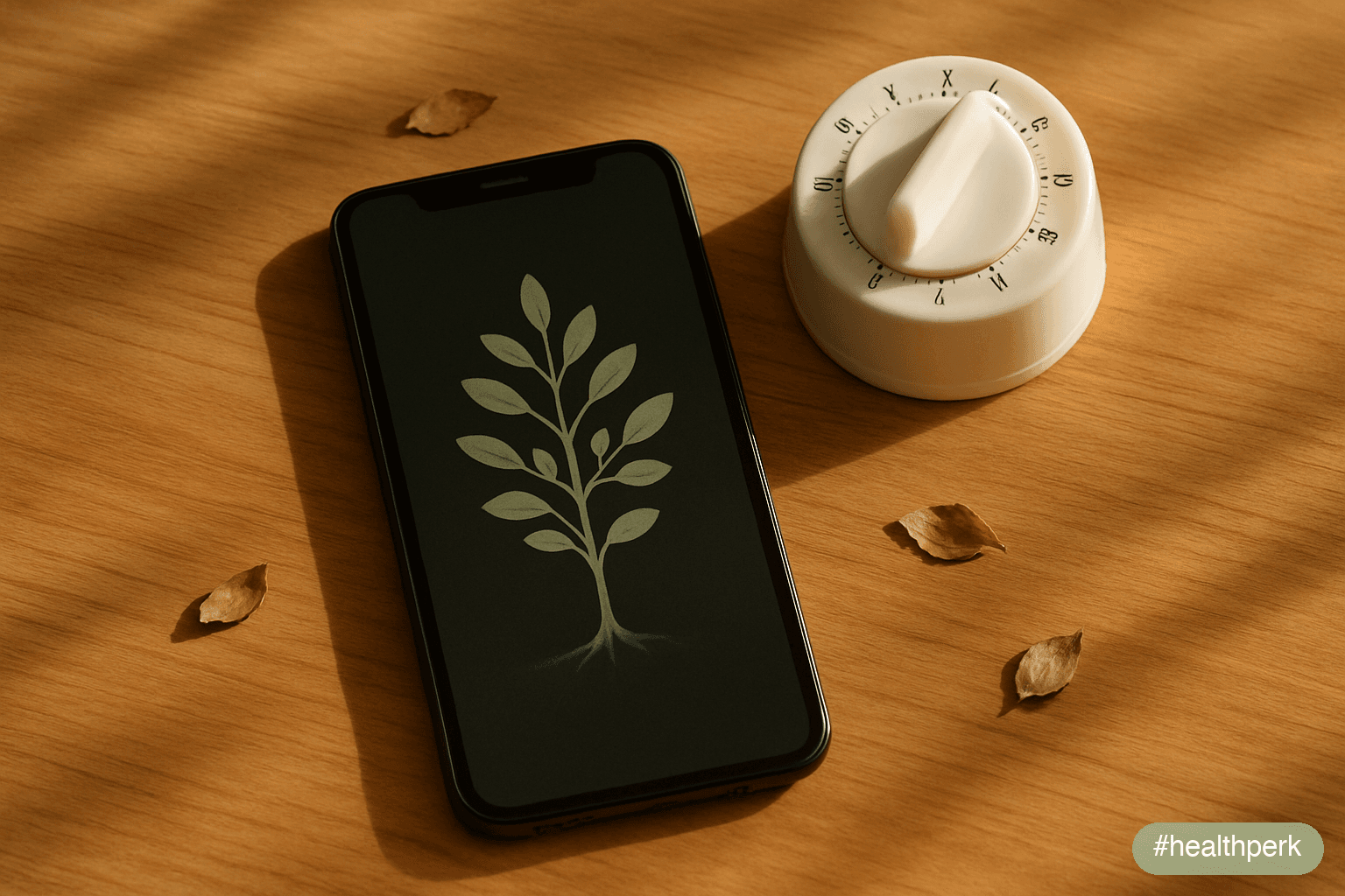 Photo of a phone screen showing a Forest app session with a growing tree, beside an analog kitchen timer set to 25 minutes, illustrating focus timer apps pomodoro as a simple structure made visible