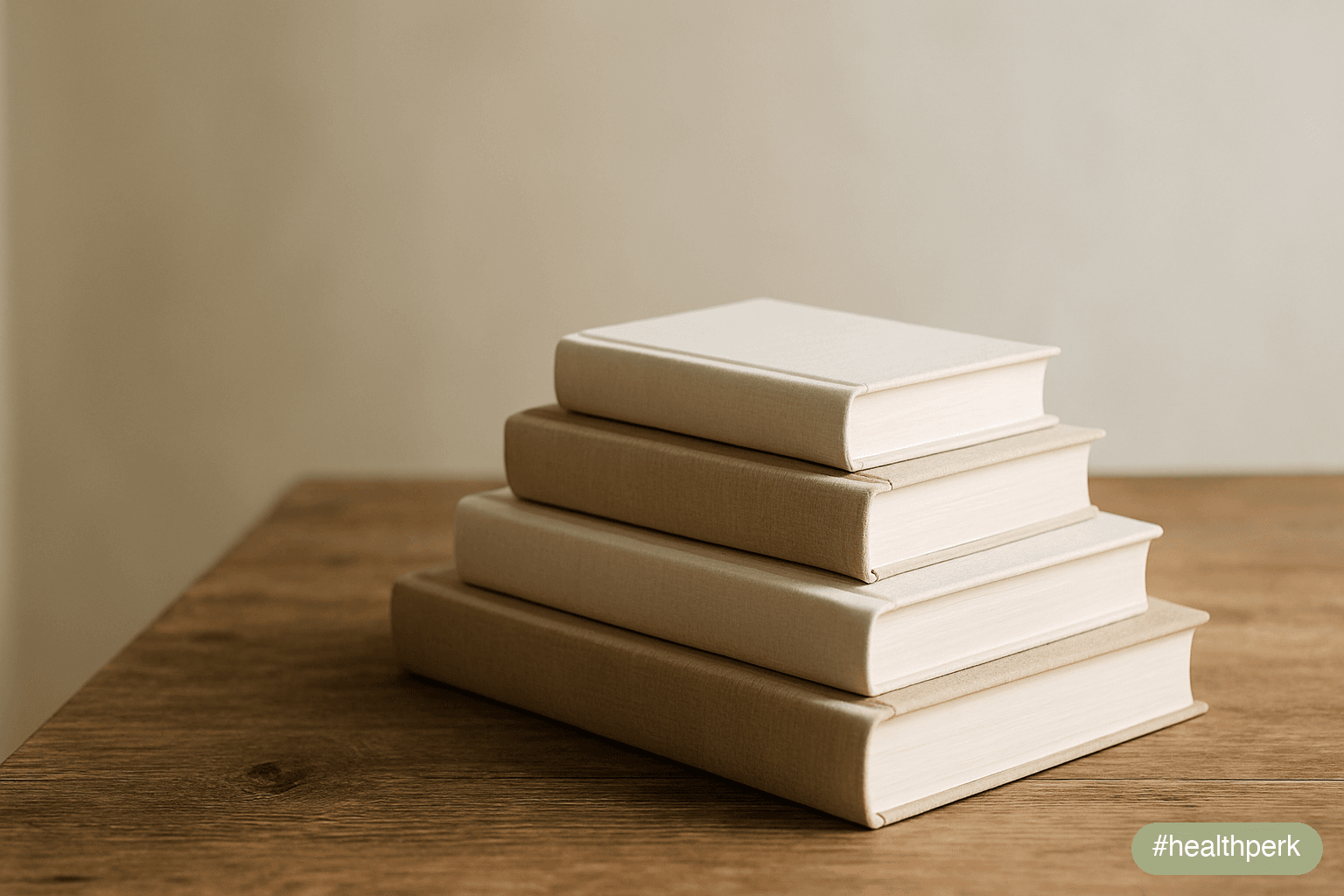 Four progressively smaller books stacked on an aged oak surface — the largest at the base, the smallest on top — the physical suggestion of a hierarchy where foundations carry everything above, no tit