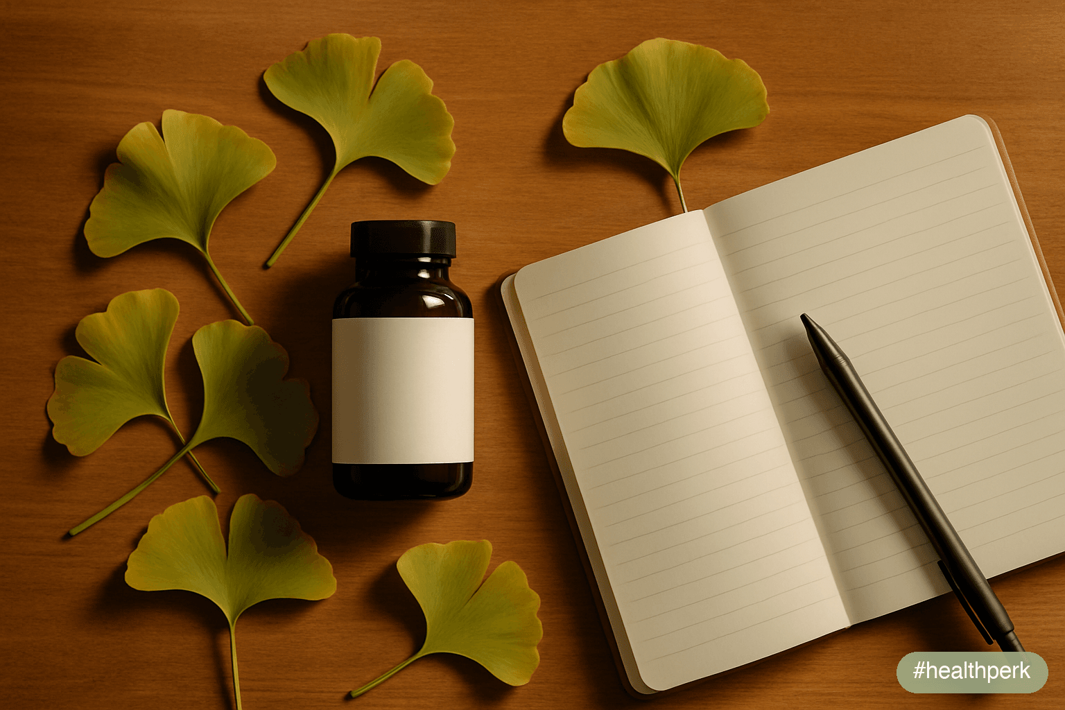 Photo of fresh ginkgo biloba leaves and a small bottle of standardized ginkgo extract beside an open notebook with handwritten dosing notes, illustrating ginkgo biloba for memory as a herbal compound