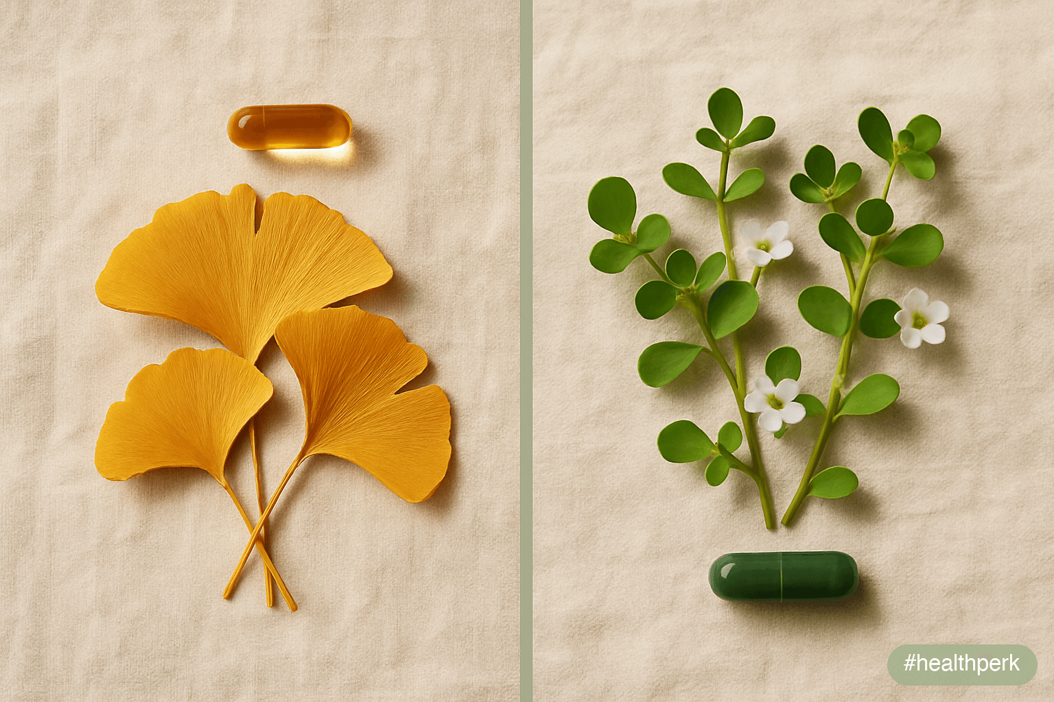 Illustration of a side-by-side comparison chart of ginkgo and bacopa, with columns for primary effect, time to effect, best evidence population, and key interactions, illustrating ginkgo vs bacopa mem