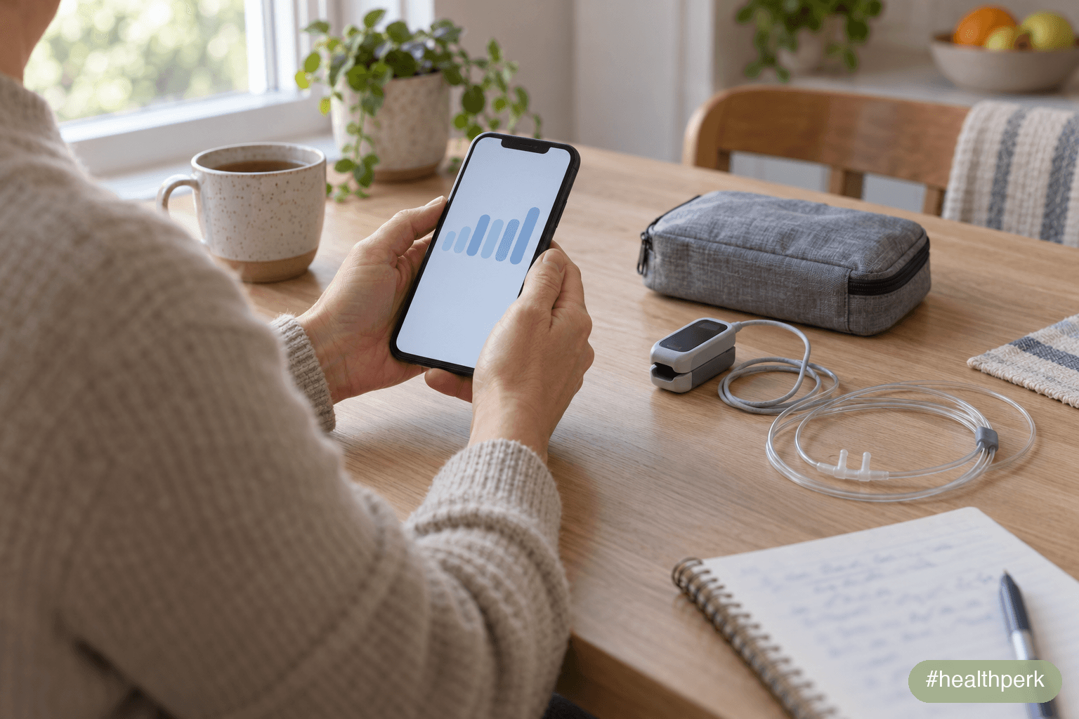 Person reviewing overnight sleep data on a phone at a kitchen table before a sleep apnea consultation