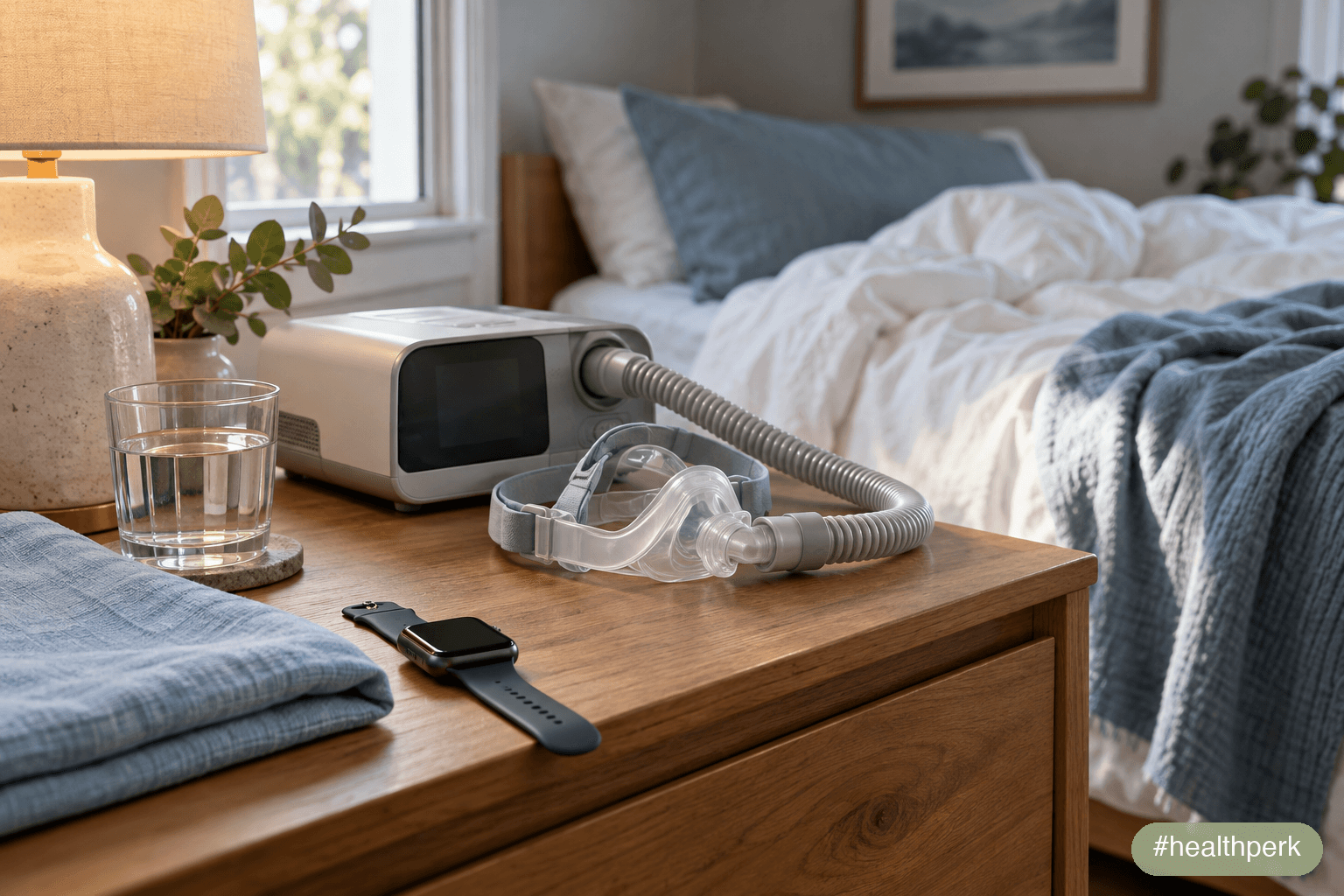 GLP-1 vs CPAP for sleep apnea: a CPAP mask on a bedside table next to a smartwatch in morning light