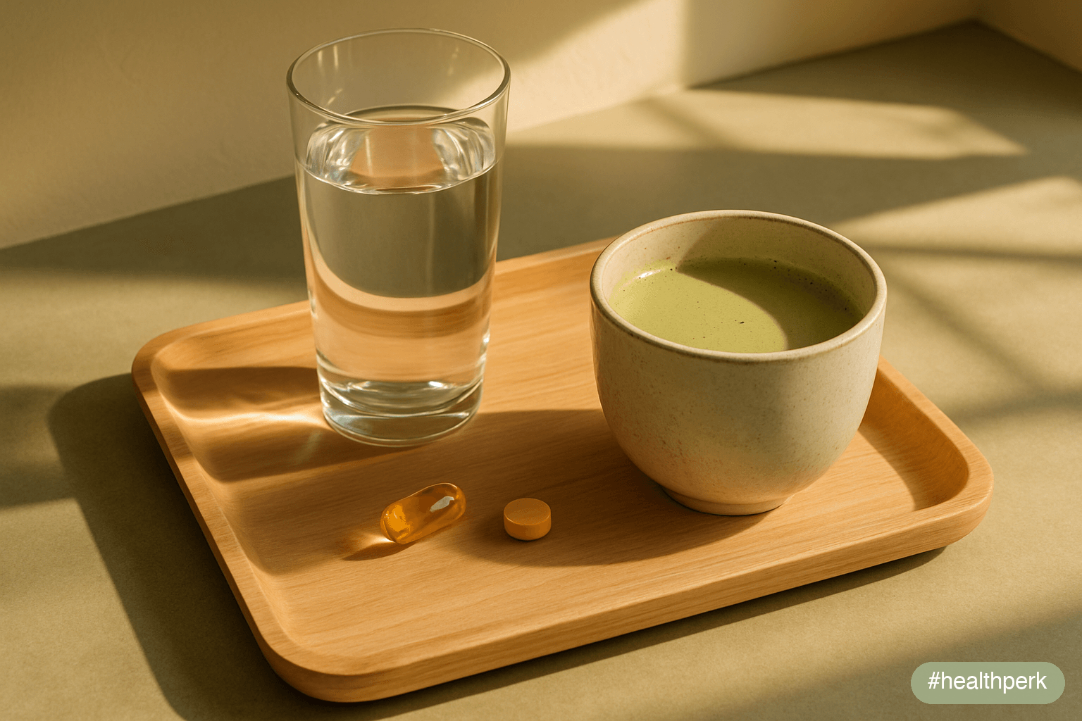 Photo of a small wooden tray with a glass of water, a fish oil capsule, a B-complex tablet, and a cup of green tea on a sunlit kitchen counter, illustrating the best supplements for focus and concentr