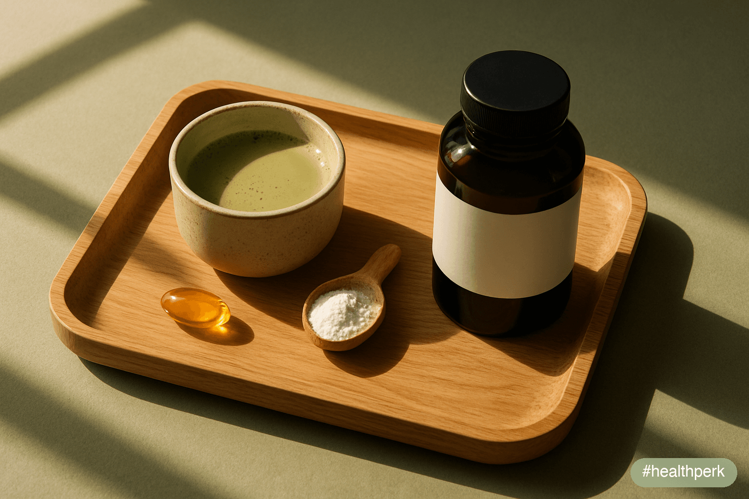 Photo of a small wooden tray with a cup of green tea, a fish oil capsule, a creatine scoop, and a single labeled bottle of bacopa monnieri on a sunlit desk, illustrating best nootropics for beginners