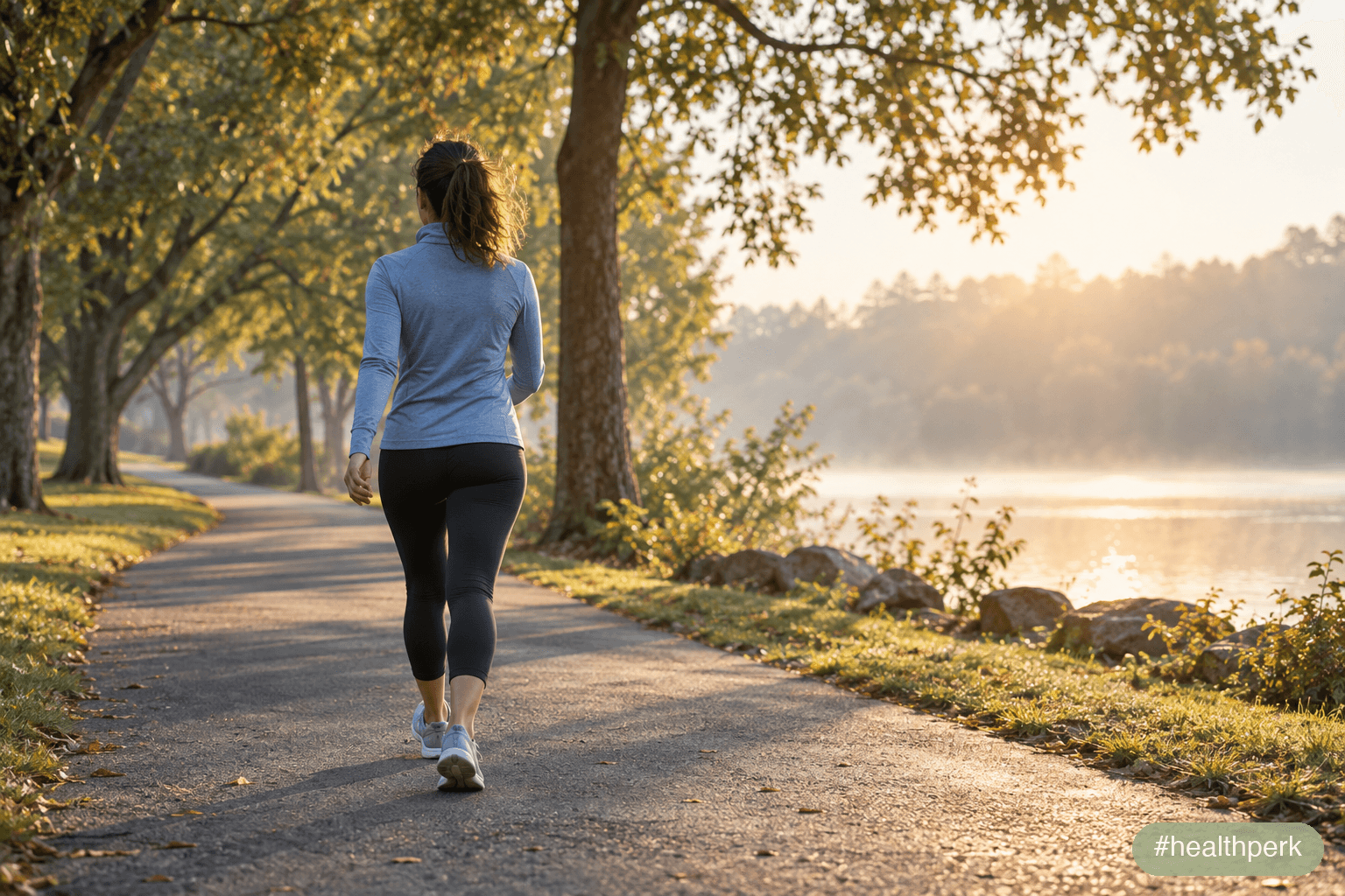 How many steps a day to lose weight: a person walking briskly on a tree-lined path in morning light