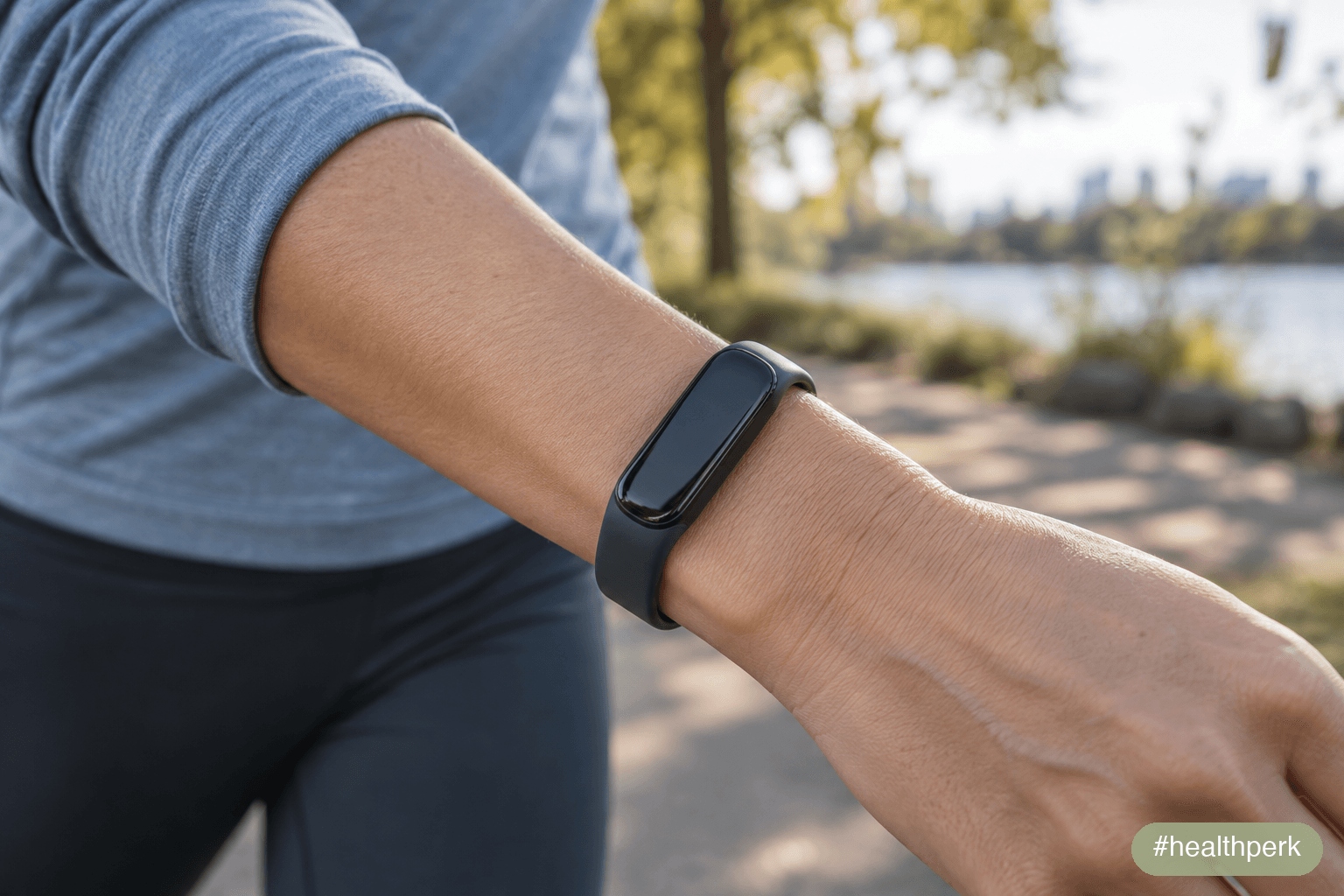 Wrist-worn fitness tracker on a walker's arm during an outdoor walk, used to track daily steps for weight loss