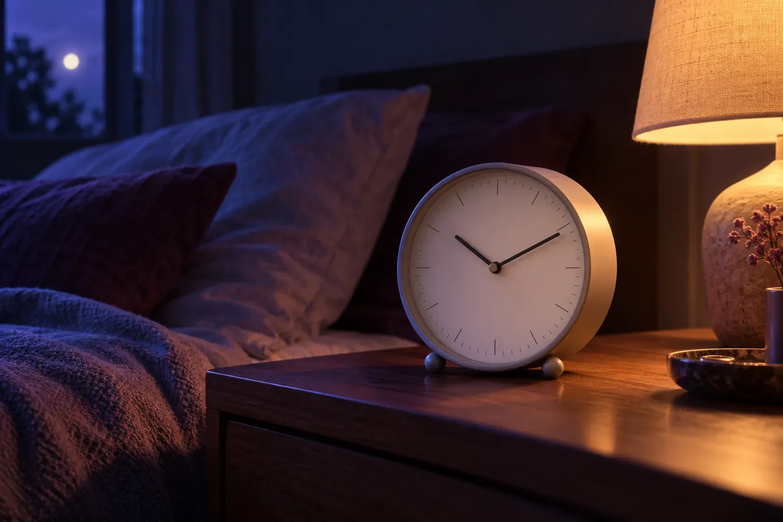 A round bedside clock with simple tick marks and no numerals on a wooden nightstand, lit by cool blue moonlight on one side and a warm lamp on the other.