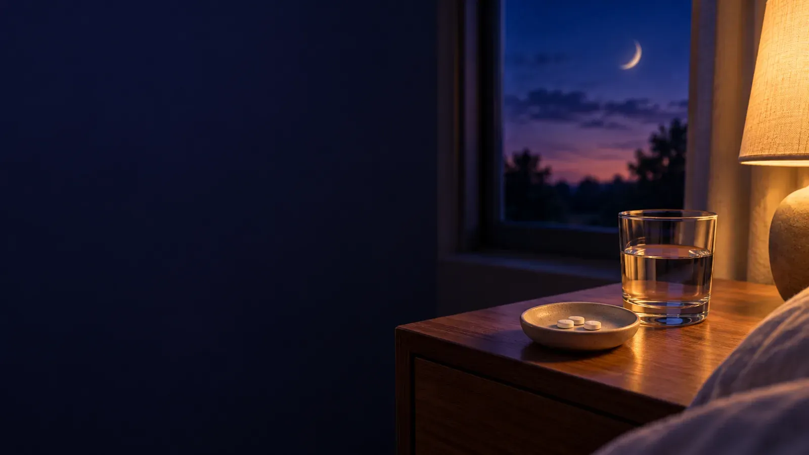 A dark navy bedroom wall beside a lamp-lit nightstand with three small white tablets in a ceramic dish, a glass of water and a crescent moon in the window.