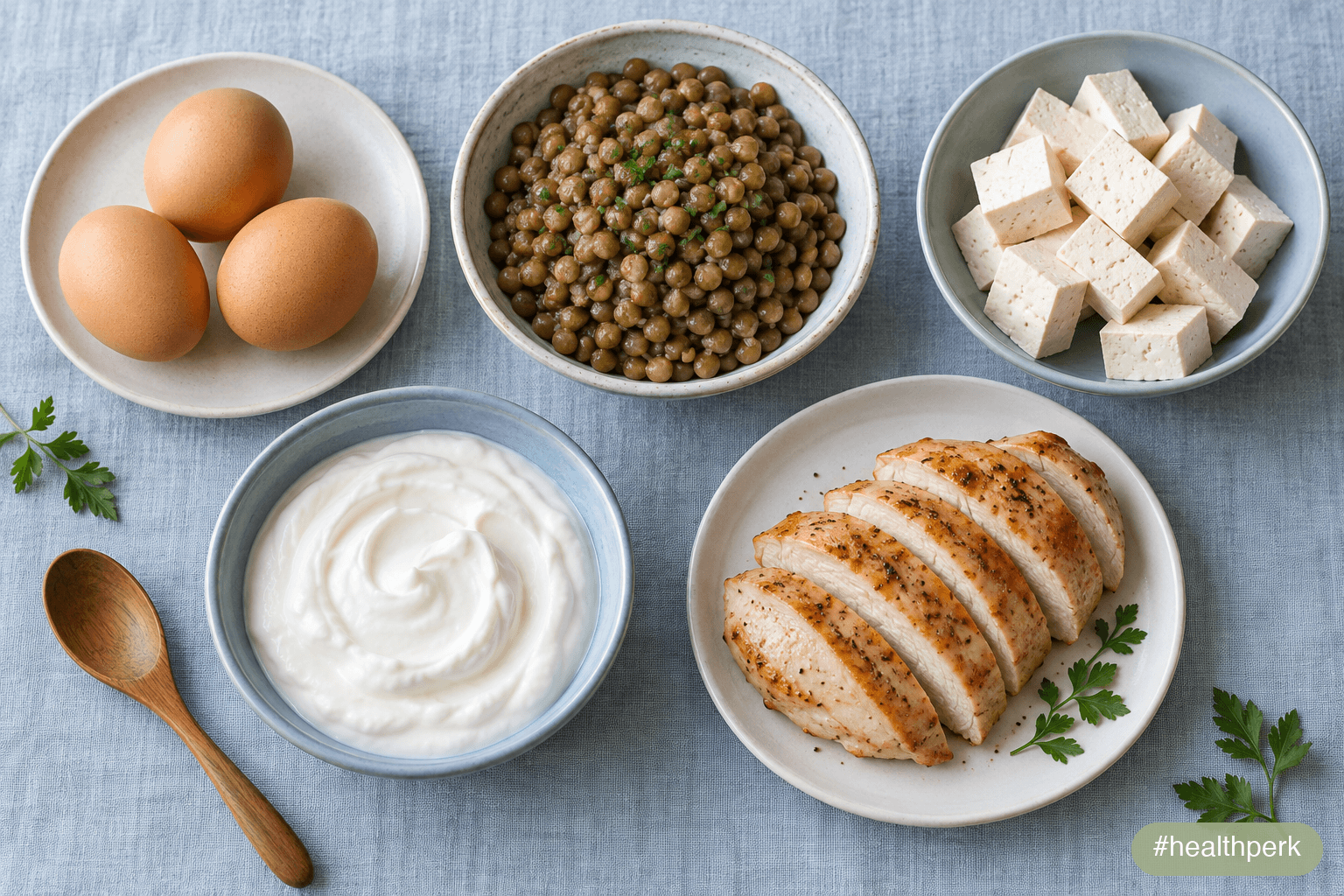 Protein foods portion guide showing eggs, lentils, tofu, Greek yogurt and chicken breast arranged in portions