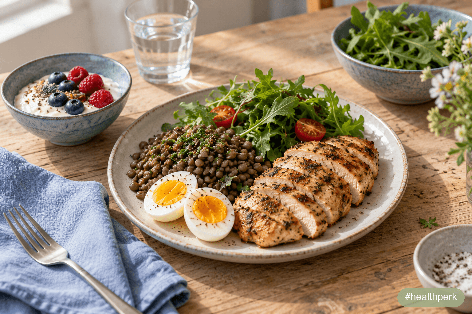How much protein per day: a balanced plate with grilled chicken, lentils, eggs and Greek yogurt on a kitchen table