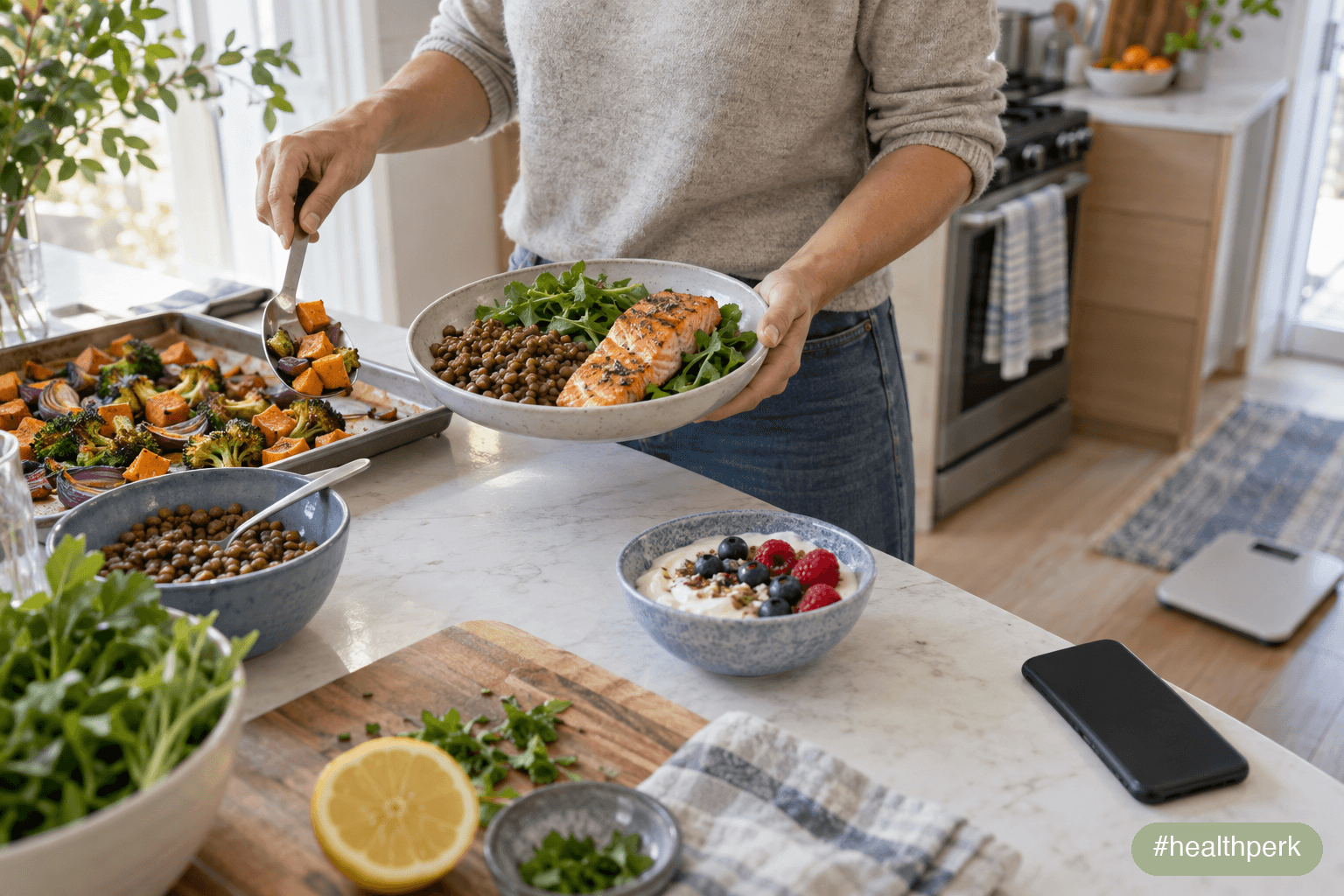 How to keep weight off after stopping GLP-1: person preparing a high-protein meal in a bright kitchen