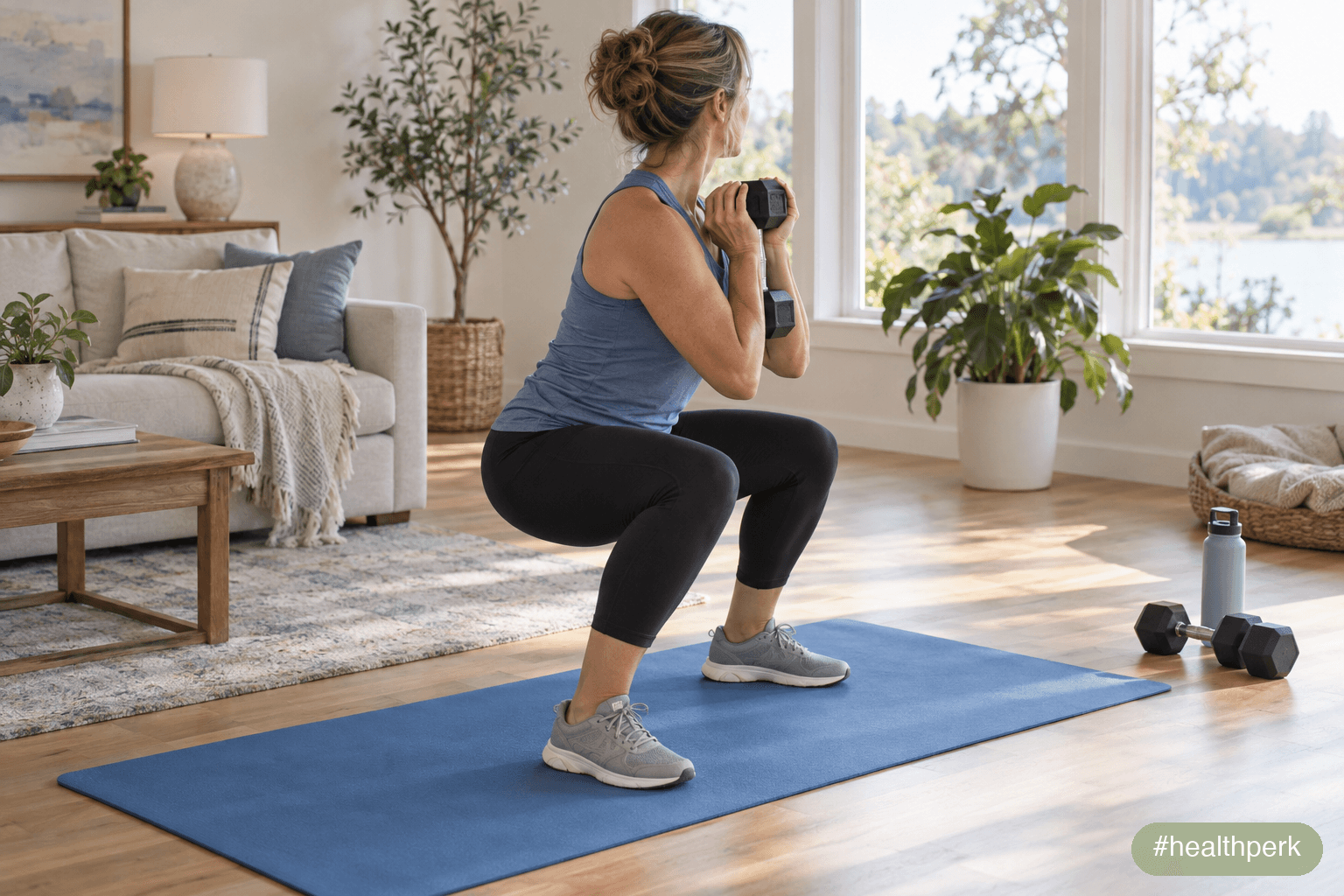 How to keep weight off after stopping GLP-1: adult doing dumbbell strength training at home in natural daylight