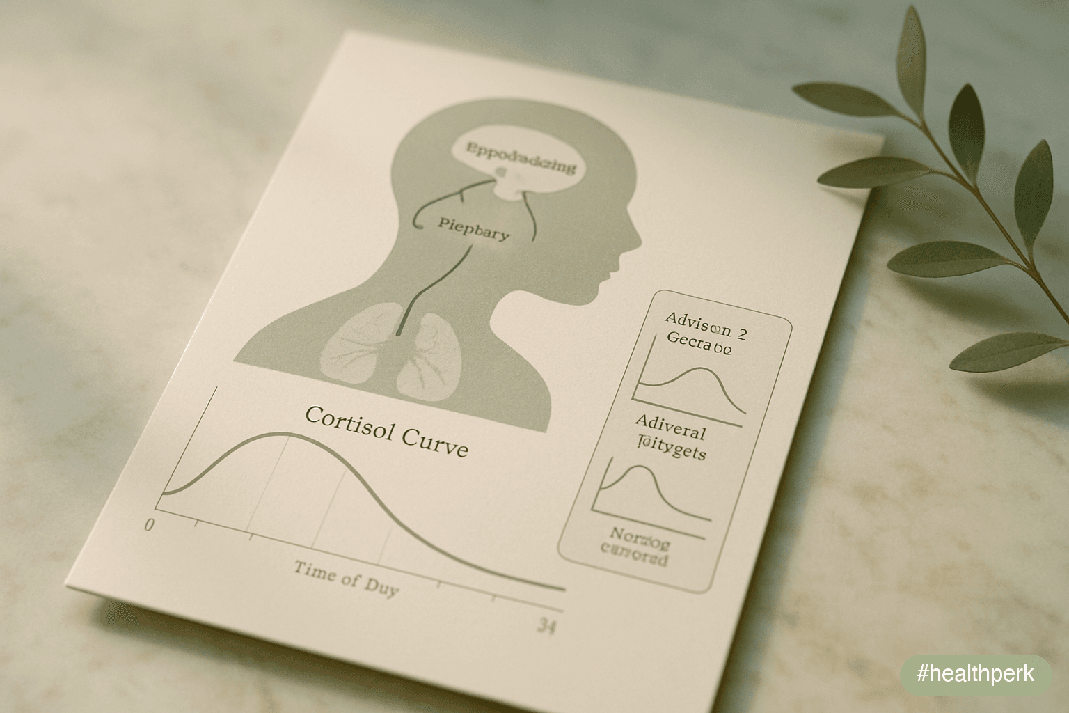 Schematic of the hypothalamic-pituitary-adrenal axis with cortisol curve over 24 hours and an inset showing the difference between true Addison disease (low cortisol) and stress-driven dysregulation (normal cortisol) — illustrating signs of adrenal fatigue and what the term actually denotes.