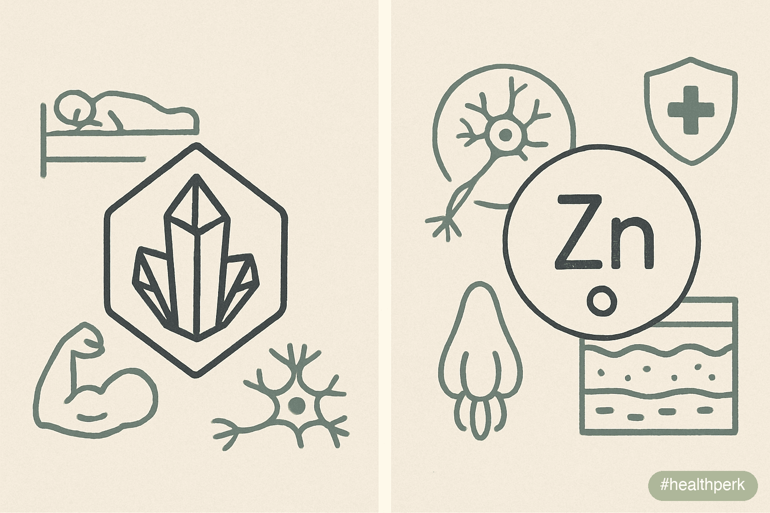 Illustration comparing two side-by-side panels — one labeled "Magnesium" with icons for sleep, muscle, nervous system, and one labeled "Zinc" with icons for immunity, skin, taste — illustrating magnes