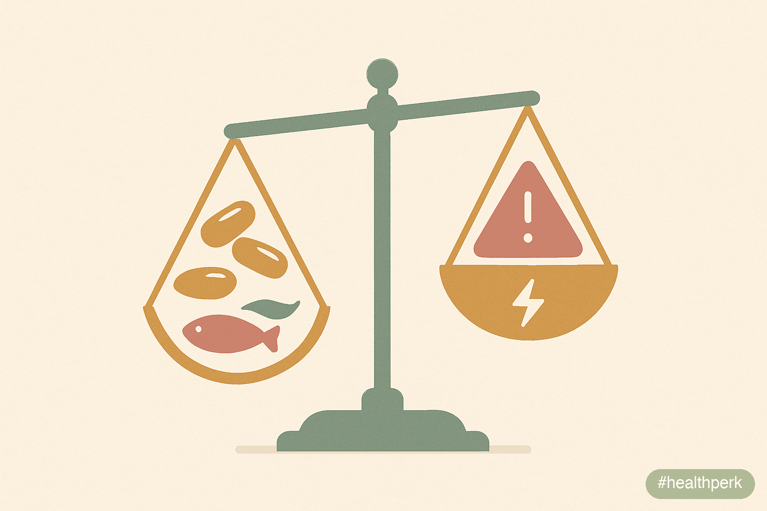 Illustration of a balance scale with "Triglyceride reduction, modest CV benefit, mood adjunctive support" on one side and "Mild bleeding risk, rancidity, sourcing concerns, eructation" on the other, i