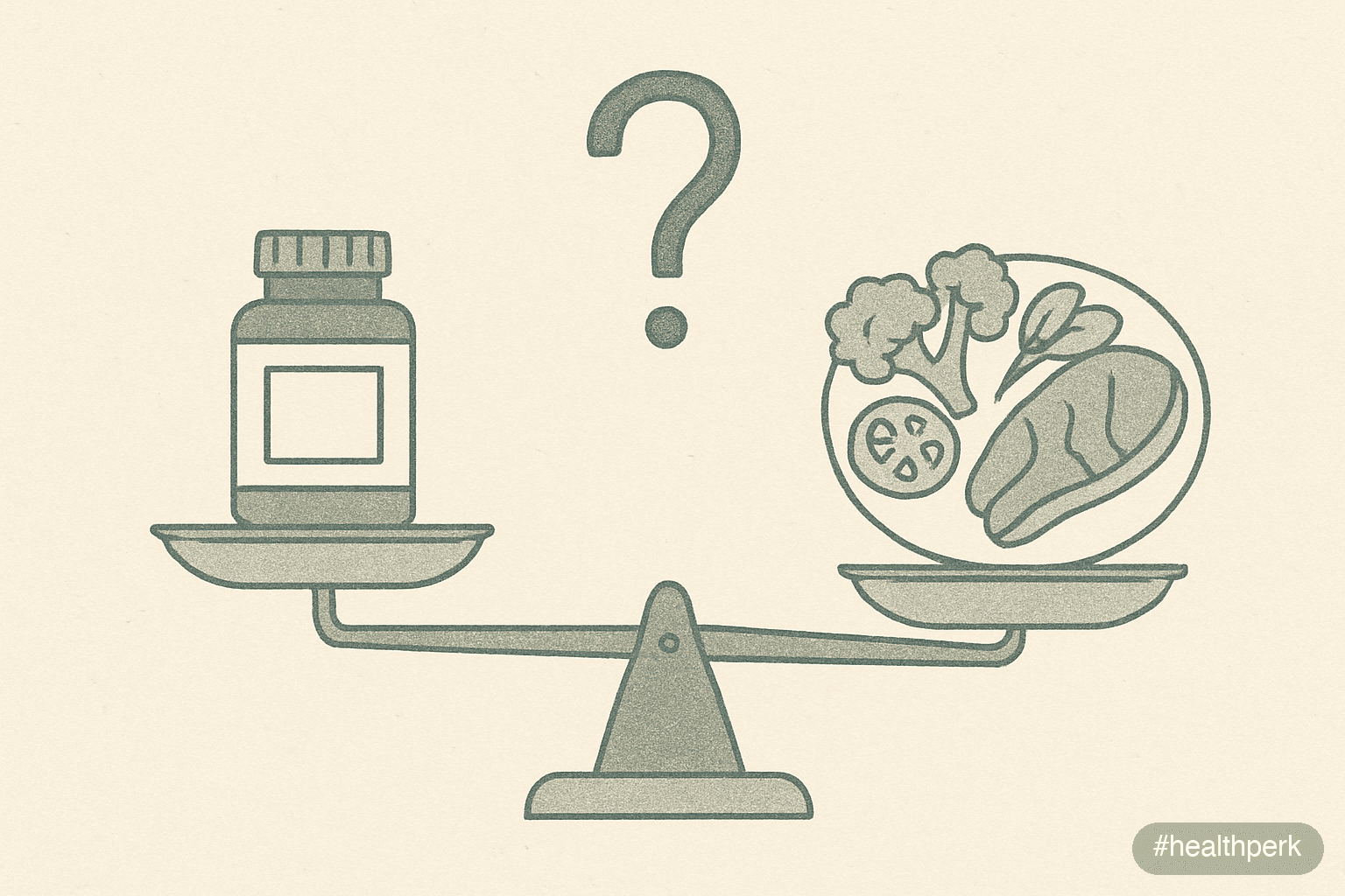 Illustration of a balance scale with a supplement bottle on one side and a plate of whole foods on the other, with a question mark above, illustrating are supplements worth taking as a contextual rath