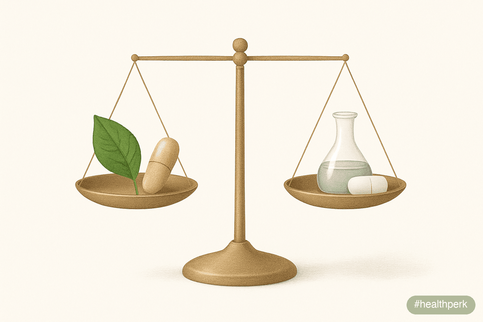 Illustration of a balance scale weighing a leaf-marked "natural" capsule against a beaker-marked "synthetic" capsule, captioned to show natural vs synthetic fat burners often reduce to the same active