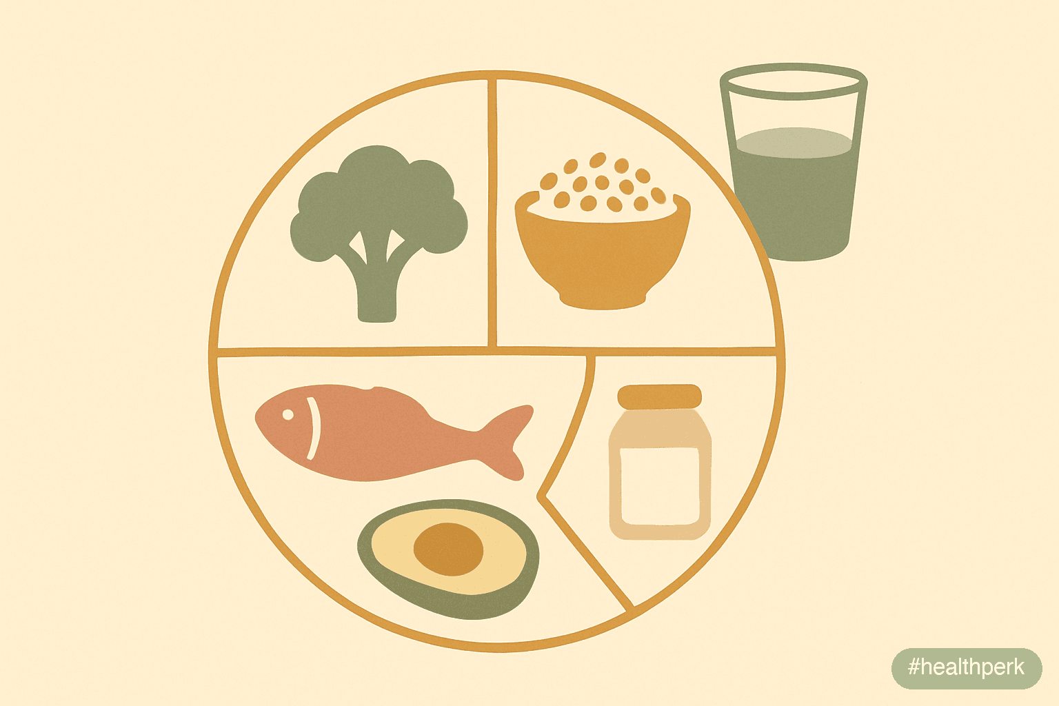 Illustration of a balanced plate divided into vegetables, whole grains, lean protein, fermented foods, and healthy fats with a small water glass — illustrating what to eat to improve immunity through