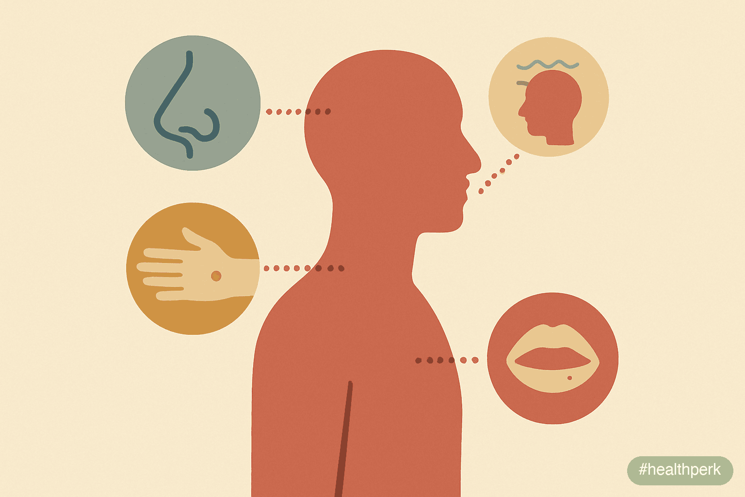 Illustration of a body silhouette with annotated symptom markers — recurrent sinus, slow-healing cut, fatigue, mouth ulcers — captioned to depict weak immune system symptoms as patterns rather than si