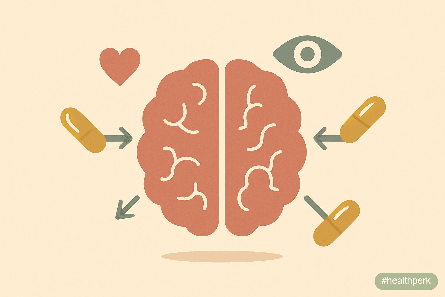 Illustration of a brain icon at the center with arrows labeled "DHA — neuronal membrane structure", "EPA — neuroinflammation resolution", "B-vitamins — homocysteine lowering", "Creatine — cognitive pe