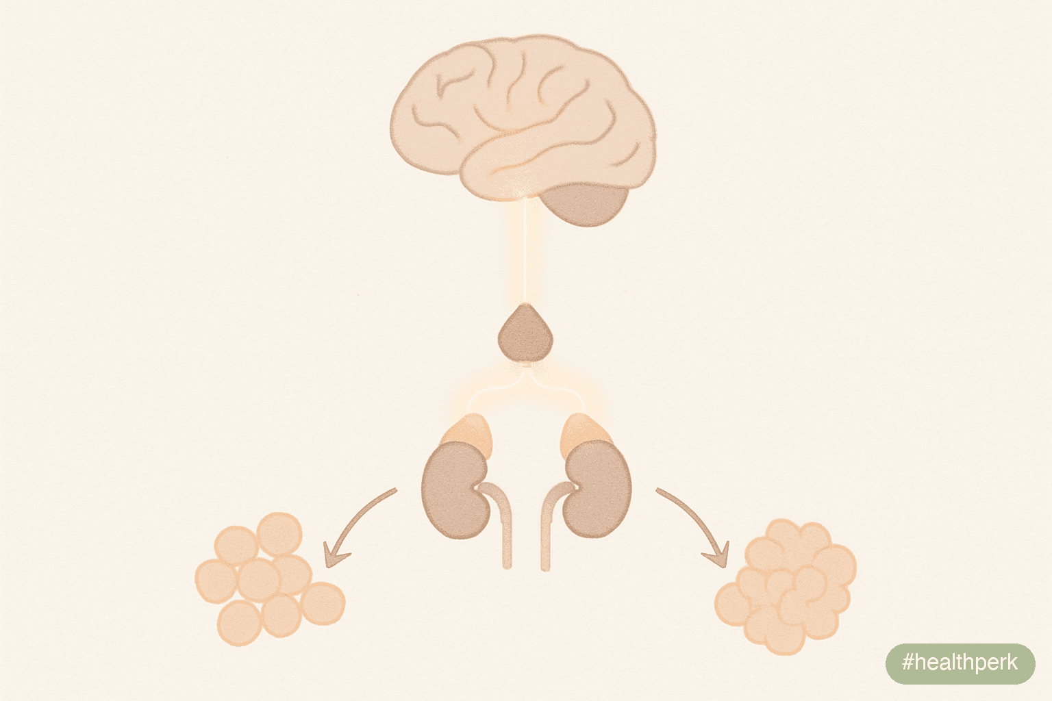 Illustration of a stylized brain-pituitary-adrenal axis with arrows downstream to fat tissue and the abdomen, captioned to show cortisol and weight gain travel through HPA-axis activation rather than