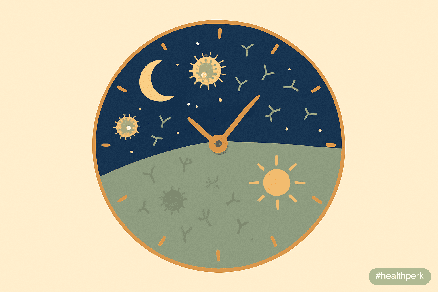 Illustration of a circadian clock face overlaid with immune-cell activity peaks during deep sleep — captioned to show the sleep and immunity connection through nighttime immune consolidation