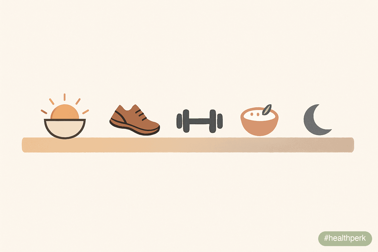 Illustration of a daily timeline showing morning protein, walking blocks, training window, evening protein and sleep schedule — captioned to show daily routine for fat loss as a structured 24-hour pat