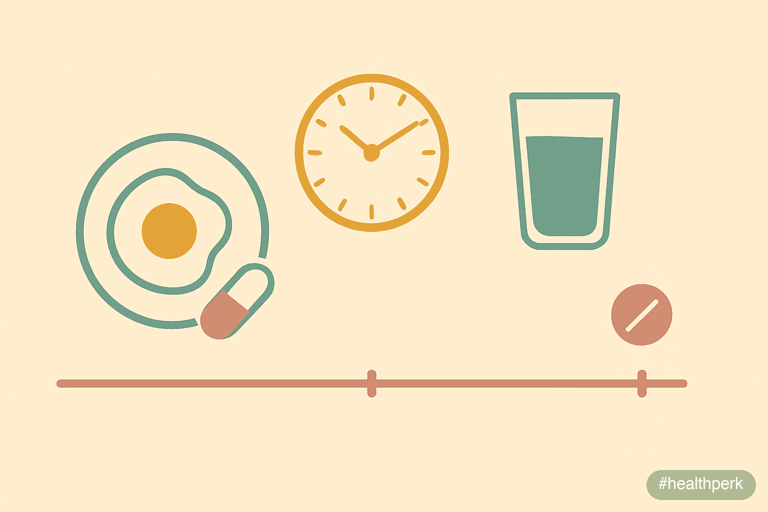 Illustration of a daily schedule showing a small breakfast plate with a probiotic capsule taken just before the meal, a clock with the antibiotic dose at 8 AM and the probiotic at 10 AM, and a glass o