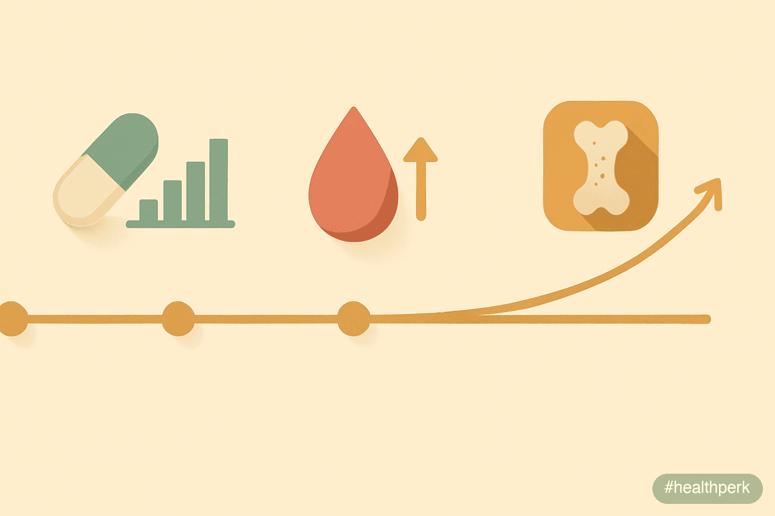 Illustration of a five-year timeline from year 0 to year 5 with markers showing fat-soluble vitamin tissue accumulation, ferritin trend in iron-supplemented adults, and bone density trajectory for adu