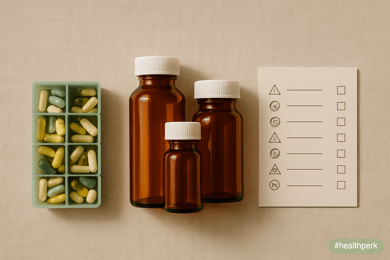 Illustration of a flat-lay with a pill organizer on the left, three prescription bottles in the middle, and a printed interaction reference card on the right listing "St John's wort + most prescriptio