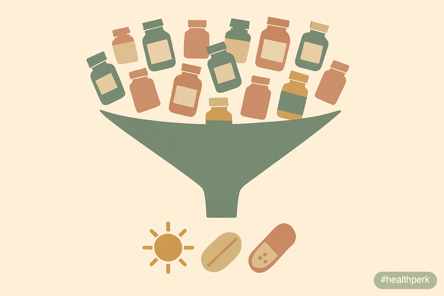 Illustration of a funnel with many supplement products at the top narrowing down to vitamin D, zinc lozenges, and select probiotic strains at the bottom — illustrating which supplements to prevent col