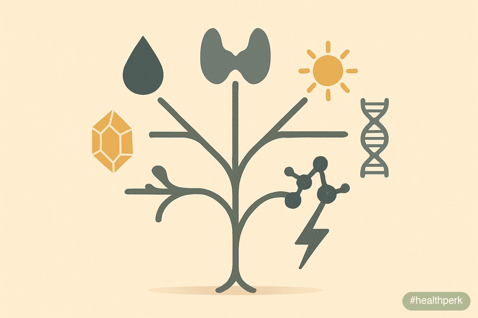 Illustration of a hair-loss differential as a tree with branches labeled "Iron deficiency", "Thyroid dysfunction", "Zinc deficiency", "Vitamin D status", "Protein and caloric inadequacy", "Androgens a