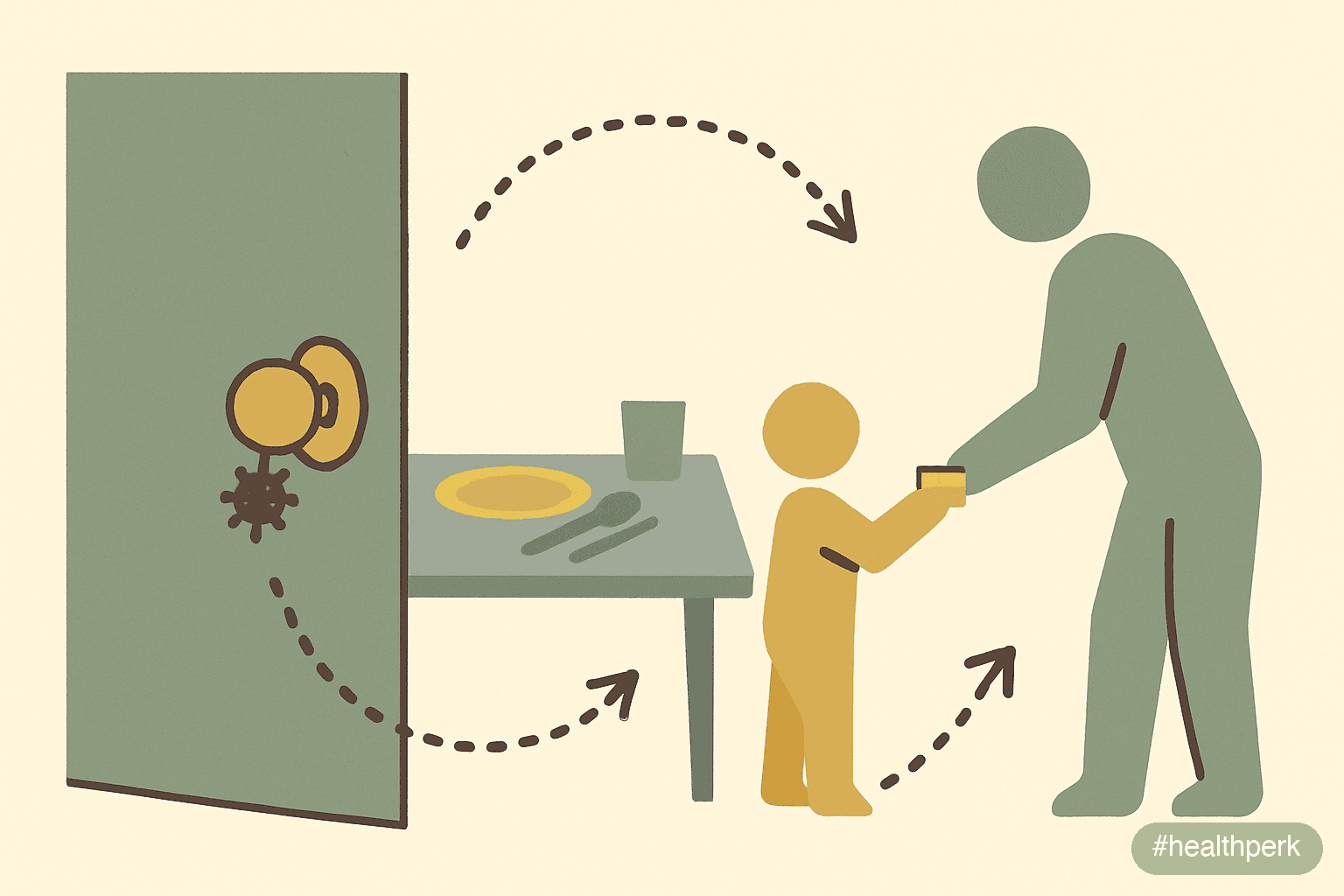 Illustration of a household with arrows showing pathogen transmission paths — doorknobs, shared utensils, child to parent — captioned to illustrate frequent colds causes through exposure patterns