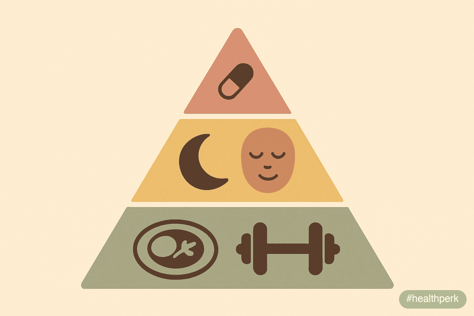 Illustration of a layered pyramid showing diet and training as the wide base, sleep and stress management in the middle, and supplements as a thin top tier — captioned to show supplements that help we