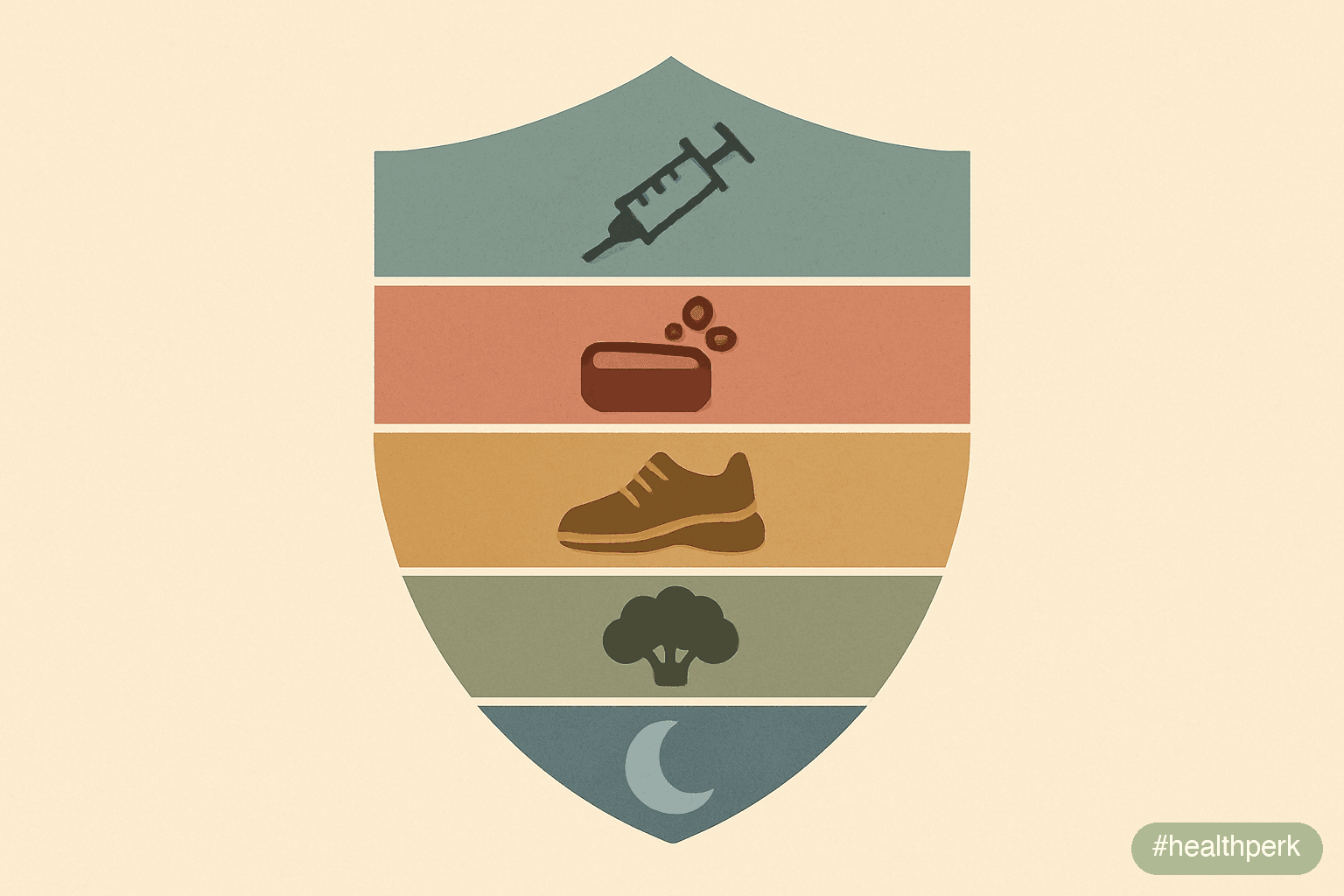 Illustration of a layered shield with labels for sleep, nutrition, exercise, barrier care, and vaccination — illustrating how to strengthen the immune system as stacked defenses rather than a single s