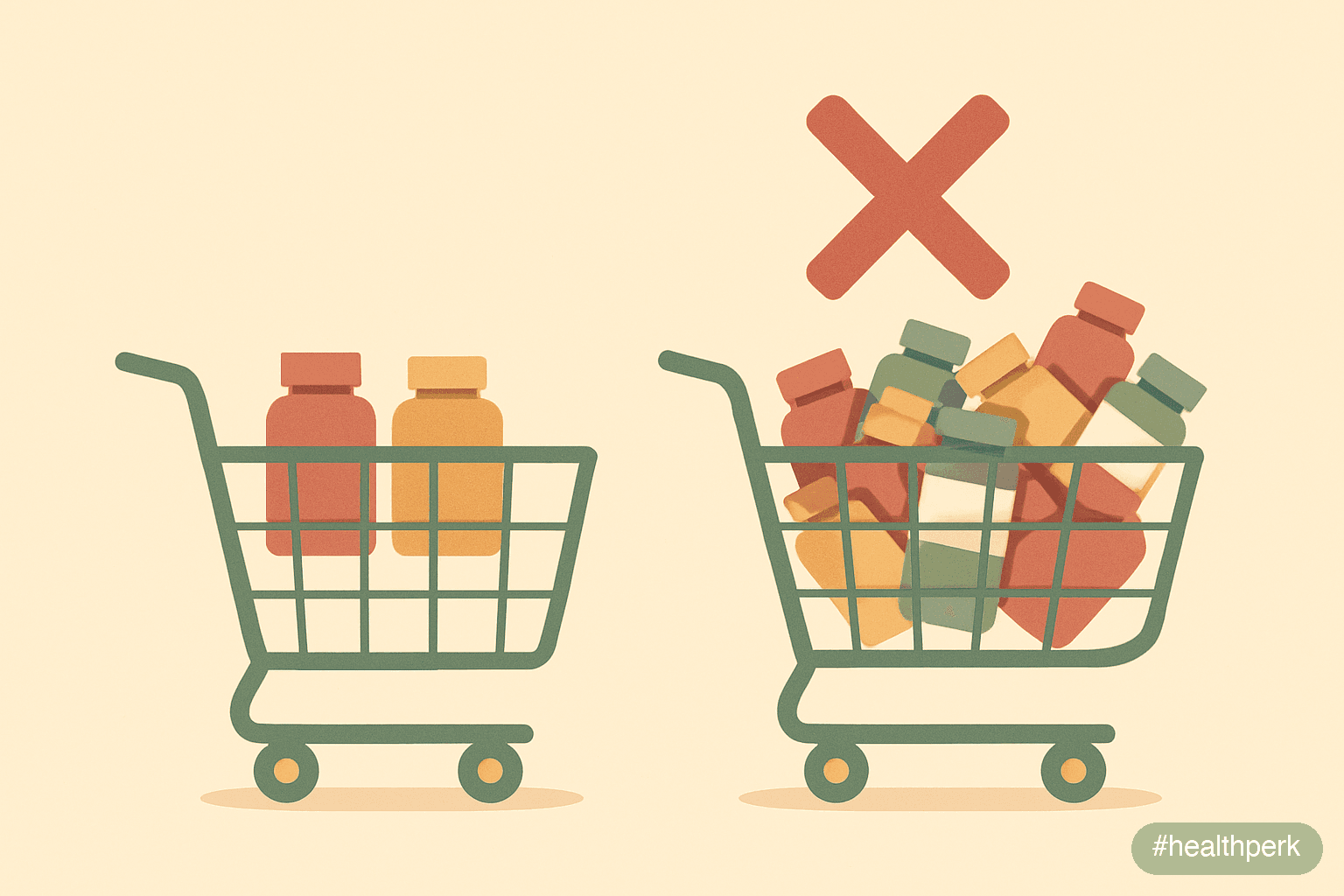 Illustration of a shopping cart holding only three supplement bottles with a large red X over a separate cart overflowing with twelve assorted bottles, illustrating how to start taking supplements as
