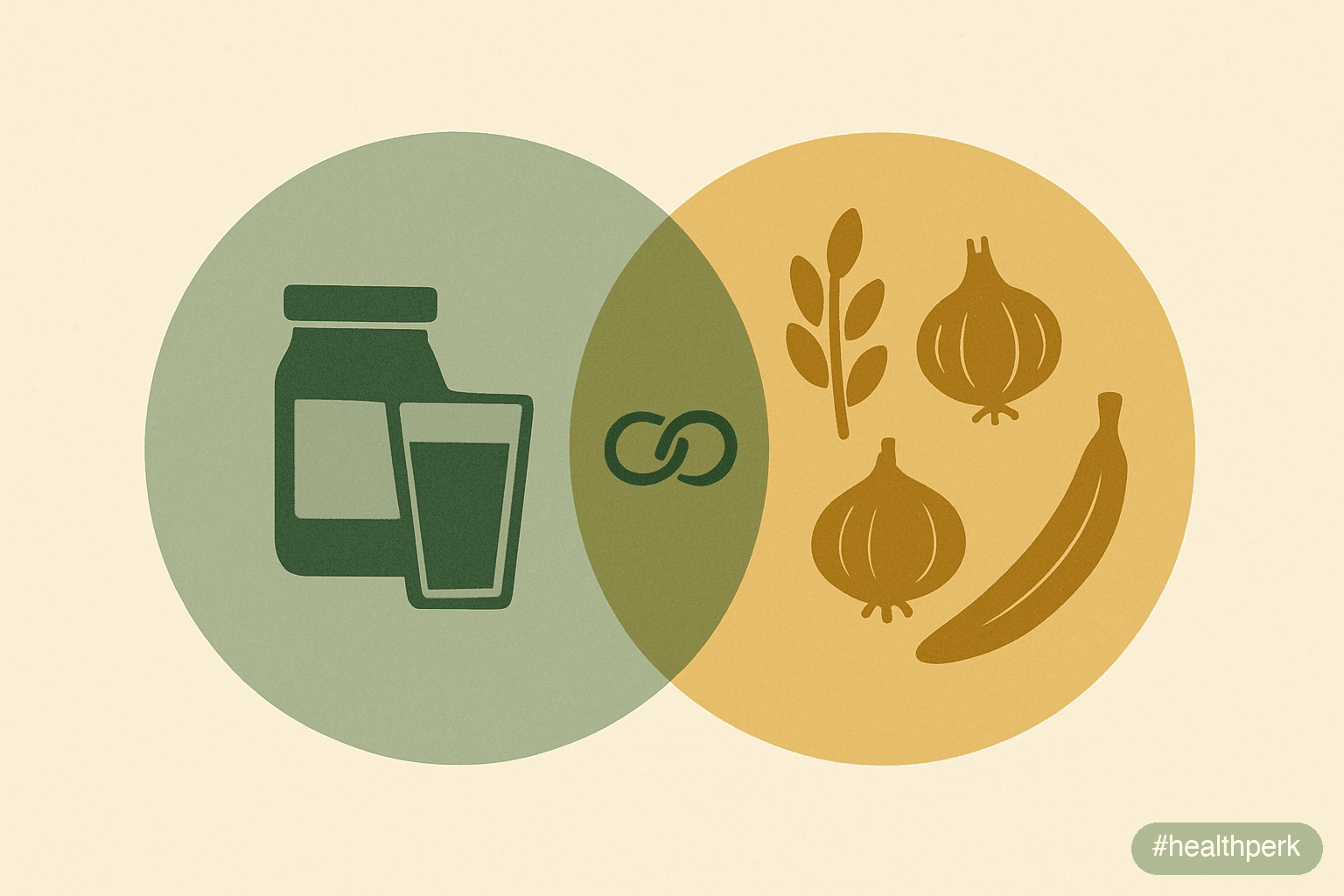 Illustration of a simple Venn-style diagram with "Probiotics: live microbes" on the left, "Prebiotics: selective fibers (inulin, FOS, GOS, resistant starch)" on the right, and "Synbiotics" in the over