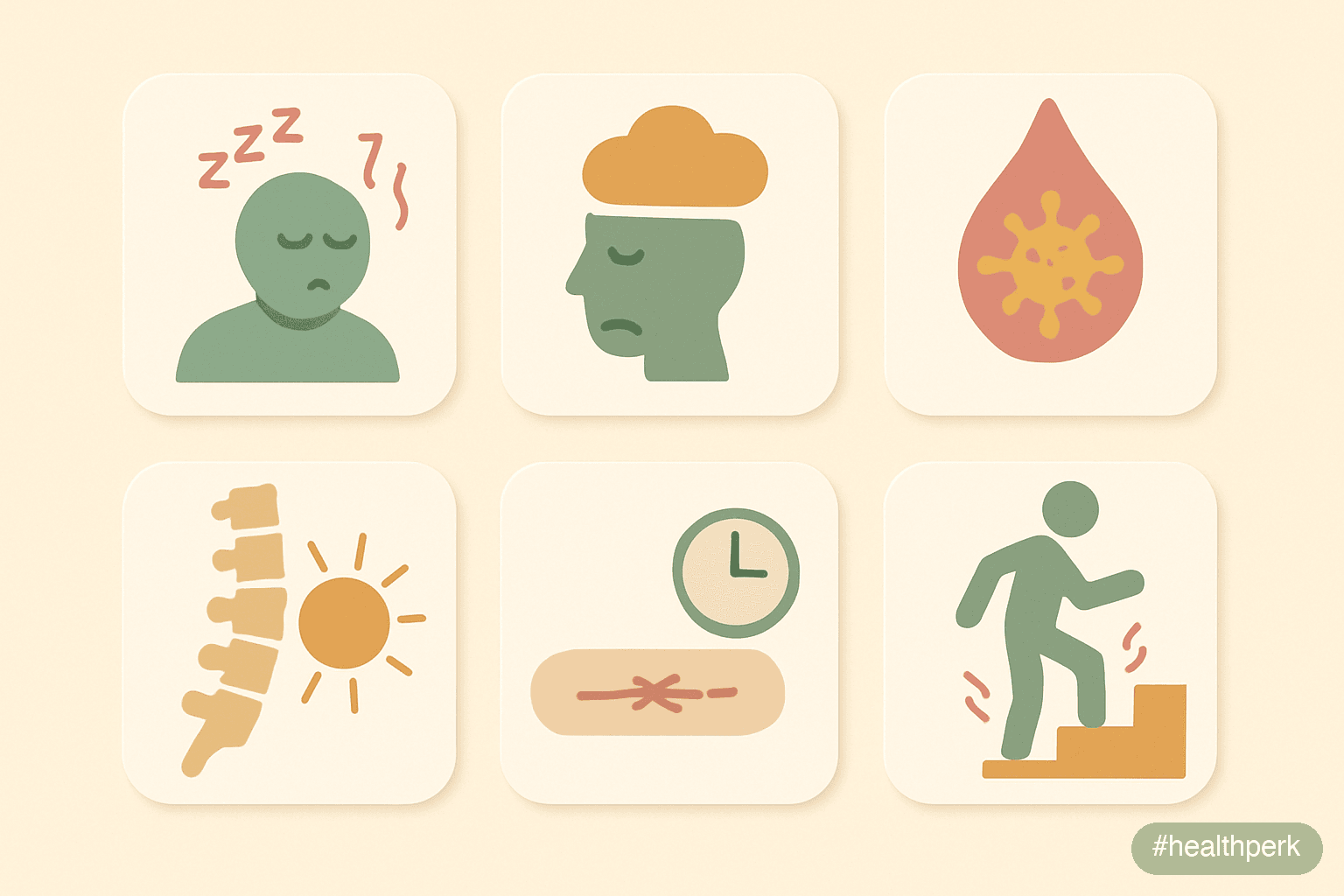 Illustration of a small grid showing icons for persistent fatigue, low mood through winter, frequent colds, back and hip aches, slow wound healing, and proximal muscle weakness while climbing stairs,