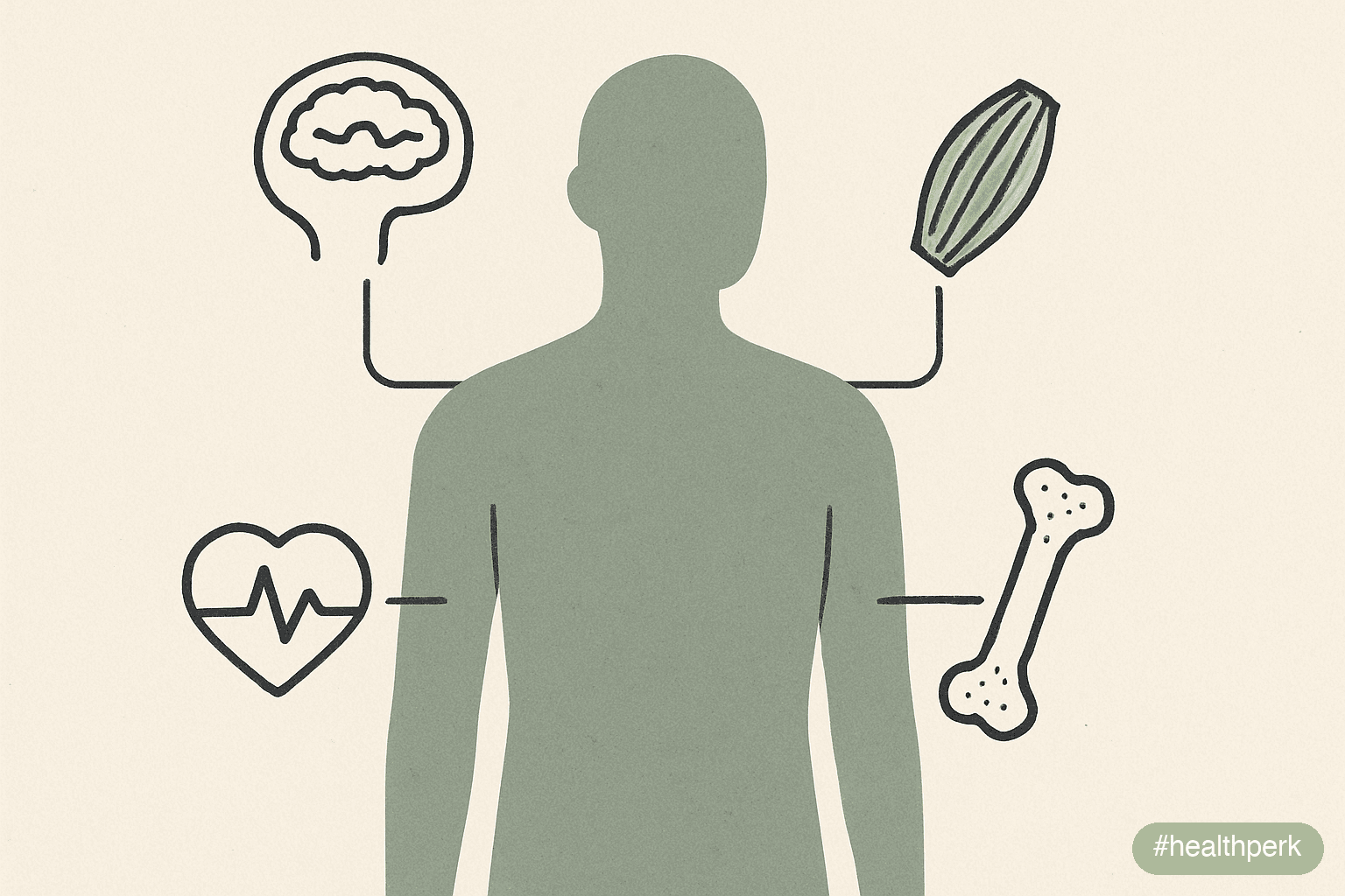 Illustration of a small grid showing icons for muscle cramps, eyelid twitch, poor sleep, low mood, fatigue, and irregular heartbeat, illustrating magnesium deficiency symptoms as a cluster of low-grad