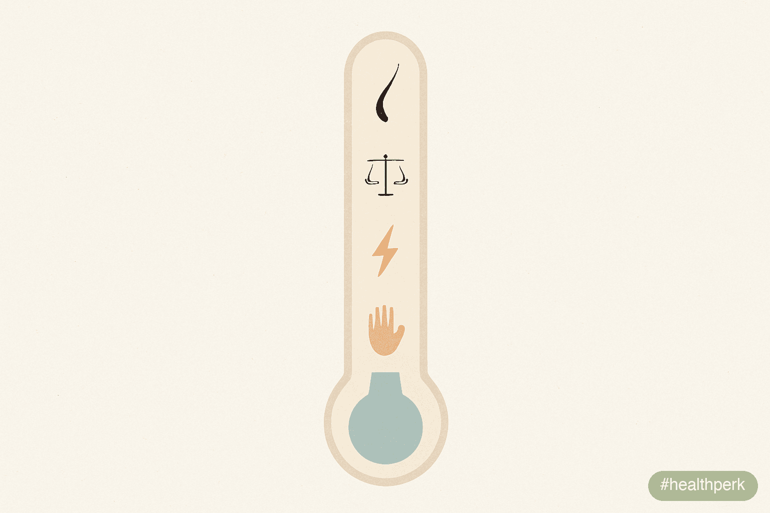 Illustration of a thermometer with markers labeled cold hands, low energy, slow weight loss, hair changes — captioned to show metabolism slowing down signs as a cluster rather than a single symptom