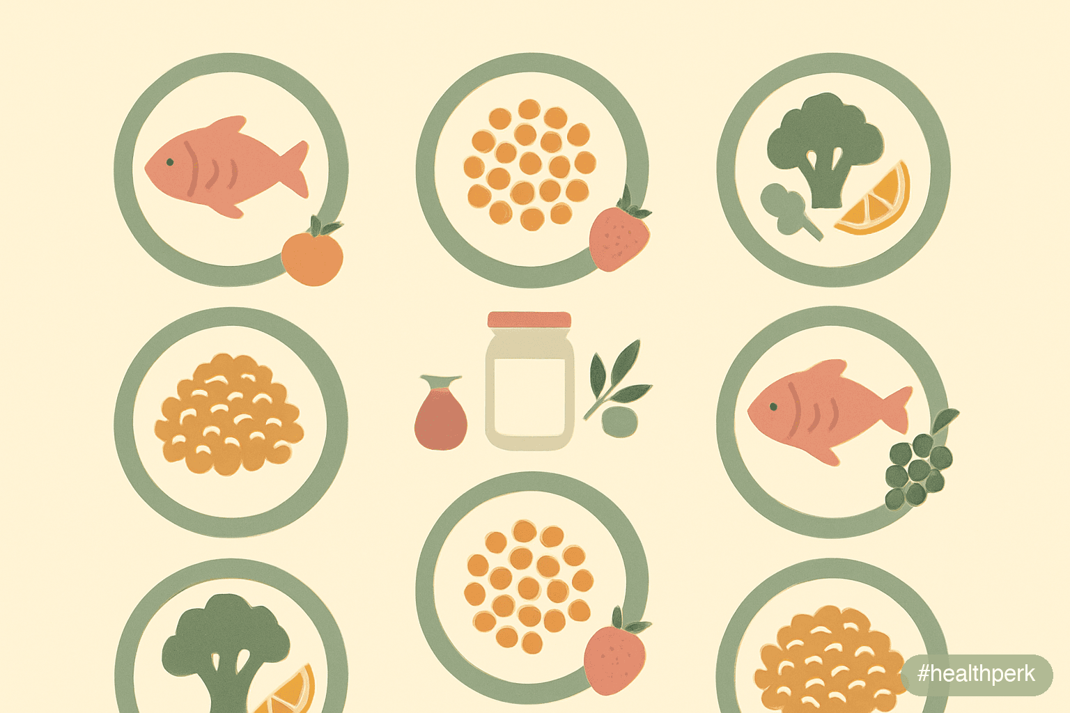 Illustration of a weekly plate-by-plate diagram showing seven days of varied meals with vegetables, whole grains, fish, legumes, fermented foods, and fruit — illustrating diet for strong immune system