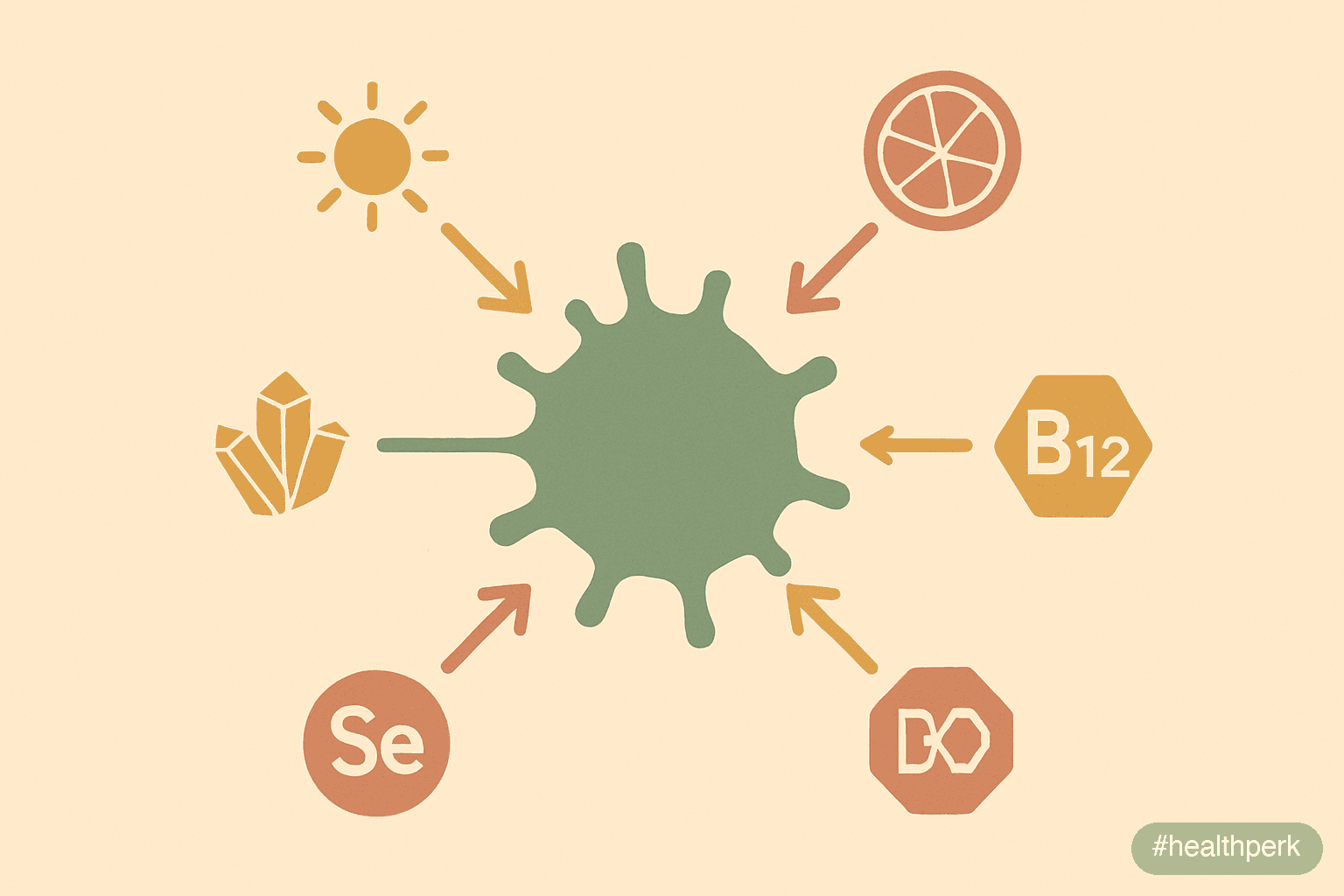 Illustration of an immune cell with arrows pointing to vitamin D, vitamin C, zinc, selenium, and B12 inputs — illustrating vitamins to boost immune system function at a cellular level
