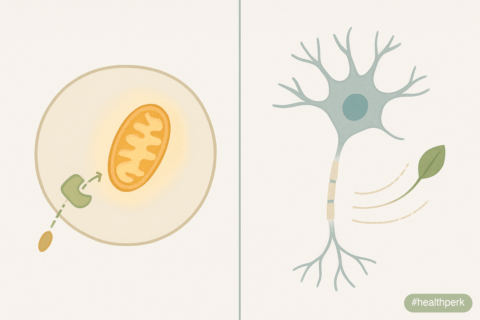 Illustration of two side-by-side panels, one showing fatty acids entering a mitochondrion (carnitine), the other showing catechins prolonging norepinephrine signaling (EGCG) — captioned to show l-carn