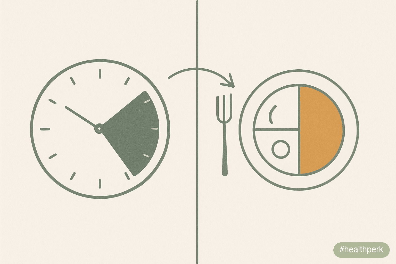 Illustration of a clock face with shaded sleep hours next to a small icon of a balanced plate — captioned to show the sleep and weight loss connection between sleep regularity and appetite regulation