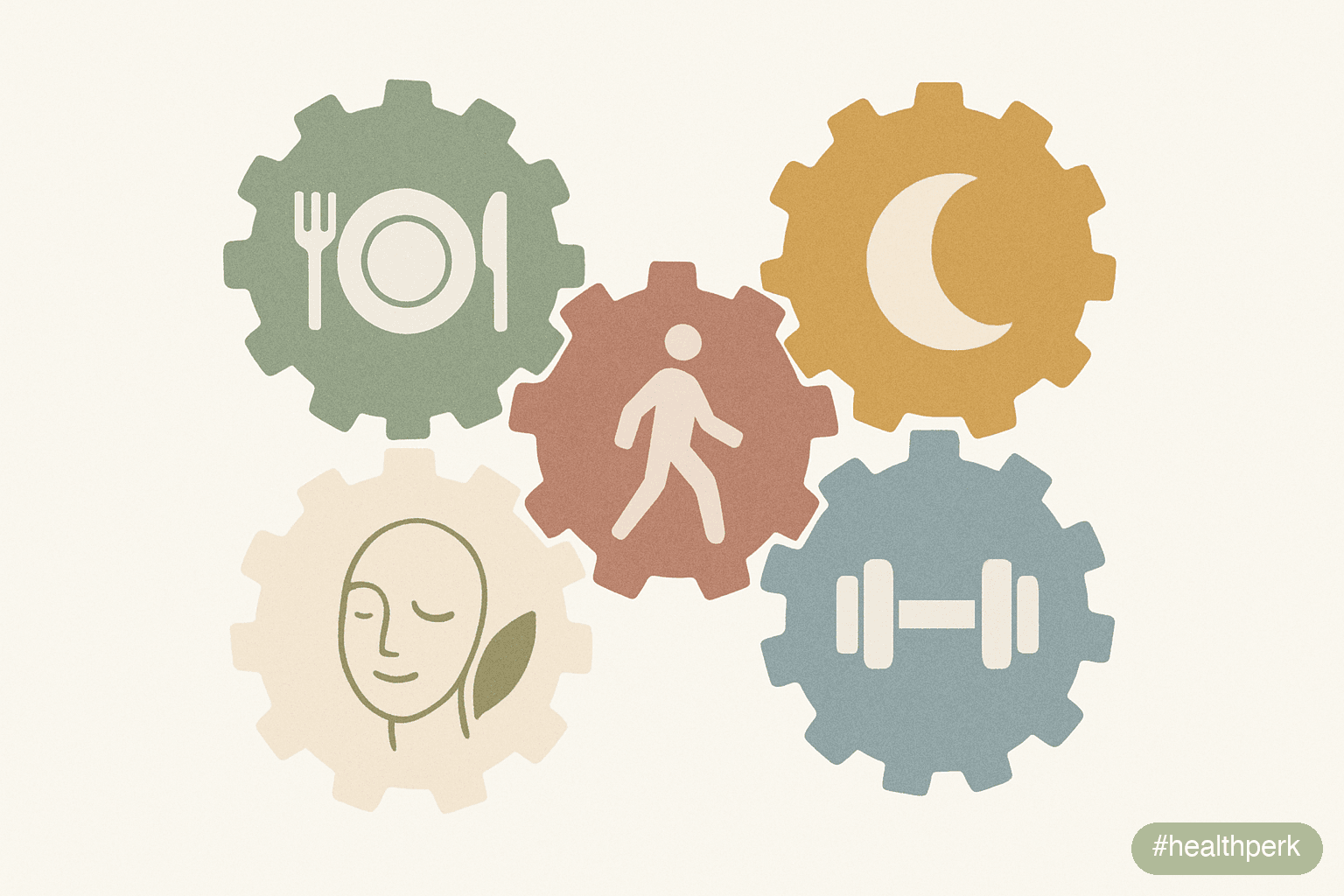 Illustration of a circle showing five interlocking levers — appetite-friendly food, sleep, walking, resistance training, stress management — captioned to show natural weight loss methods work together