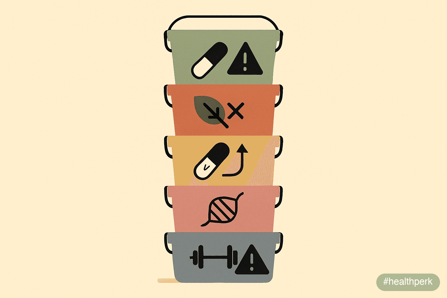 Illustration of five labeled risk buckets stacked from largest to smallest — "Drug-nutrient interactions (most under-reported in 2026)", "Hepatotoxic botanicals (green tea EGCG, kava, comfrey, yohimbe