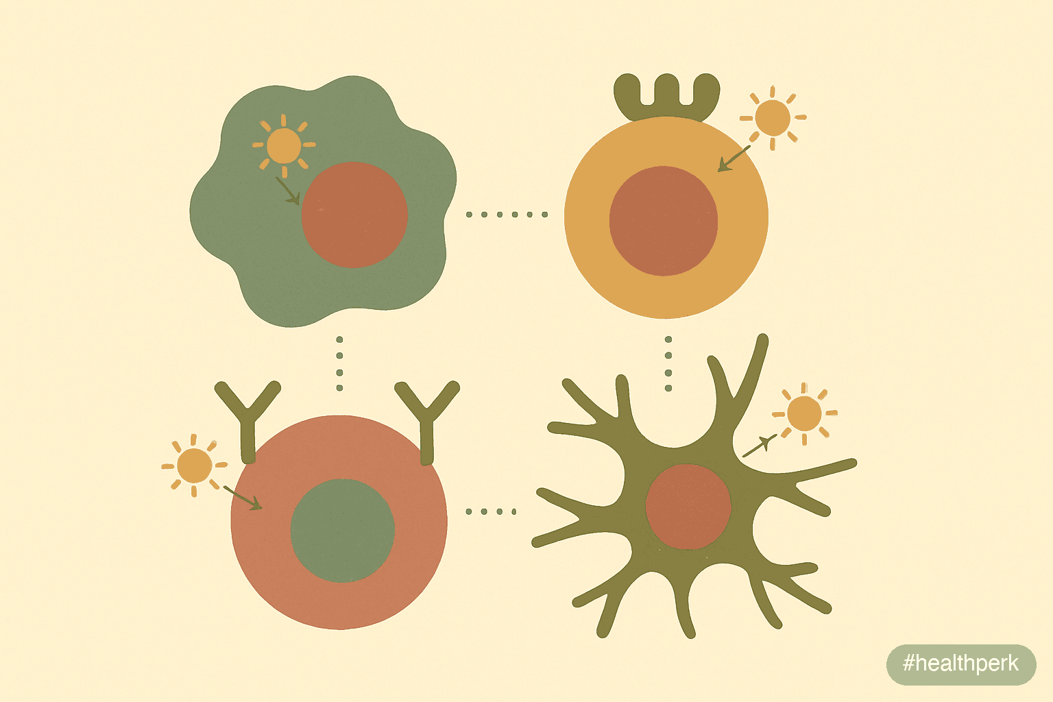 Illustration of immune cell types — macrophages, T cells, B cells, dendritic cells — with small VDR labels and arrows pointing to functions like cathelicidin production, T cell modulation, and dendrit