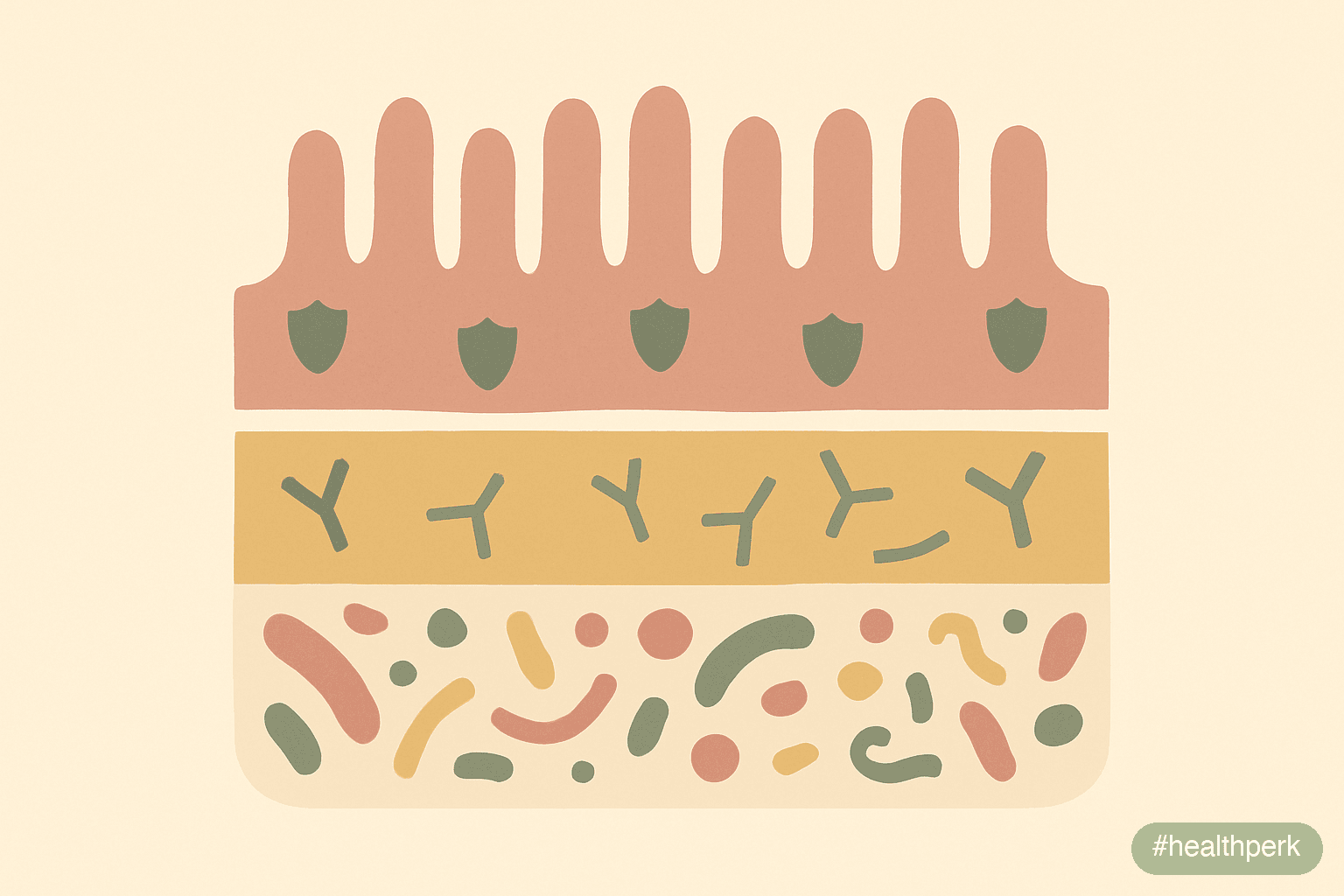 Illustration of the intestinal wall with mucosal layer, IgA antibodies, and microbiome — captioned to depict gut health and immune system through the GALT as the body's largest immune tissue