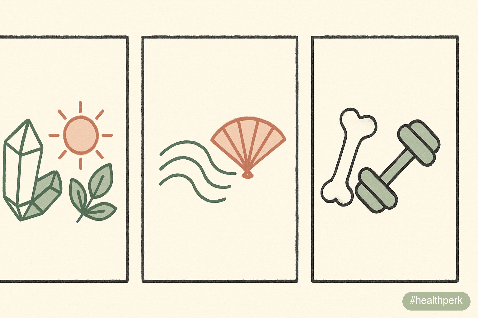 Illustration of three frames — "PMS / luteal-phase symptoms: calcium 1,000-1,200 mg/day, vitamin B6 ≤100 mg/day, magnesium 200-400 mg/day"; "Perimenopause hot flashes: lifestyle first, then SSRIs/SNRI