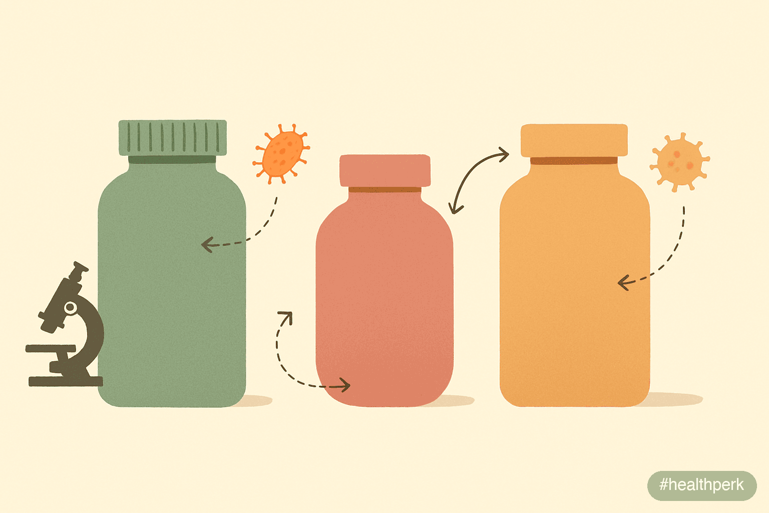 Illustration of three labeled supplement bottles side by side, each showing a different strain (Lactobacillus rhamnosus GG, Bifidobacterium lactis BB-12, Saccharomyces boulardii CNCM I-745), with arro